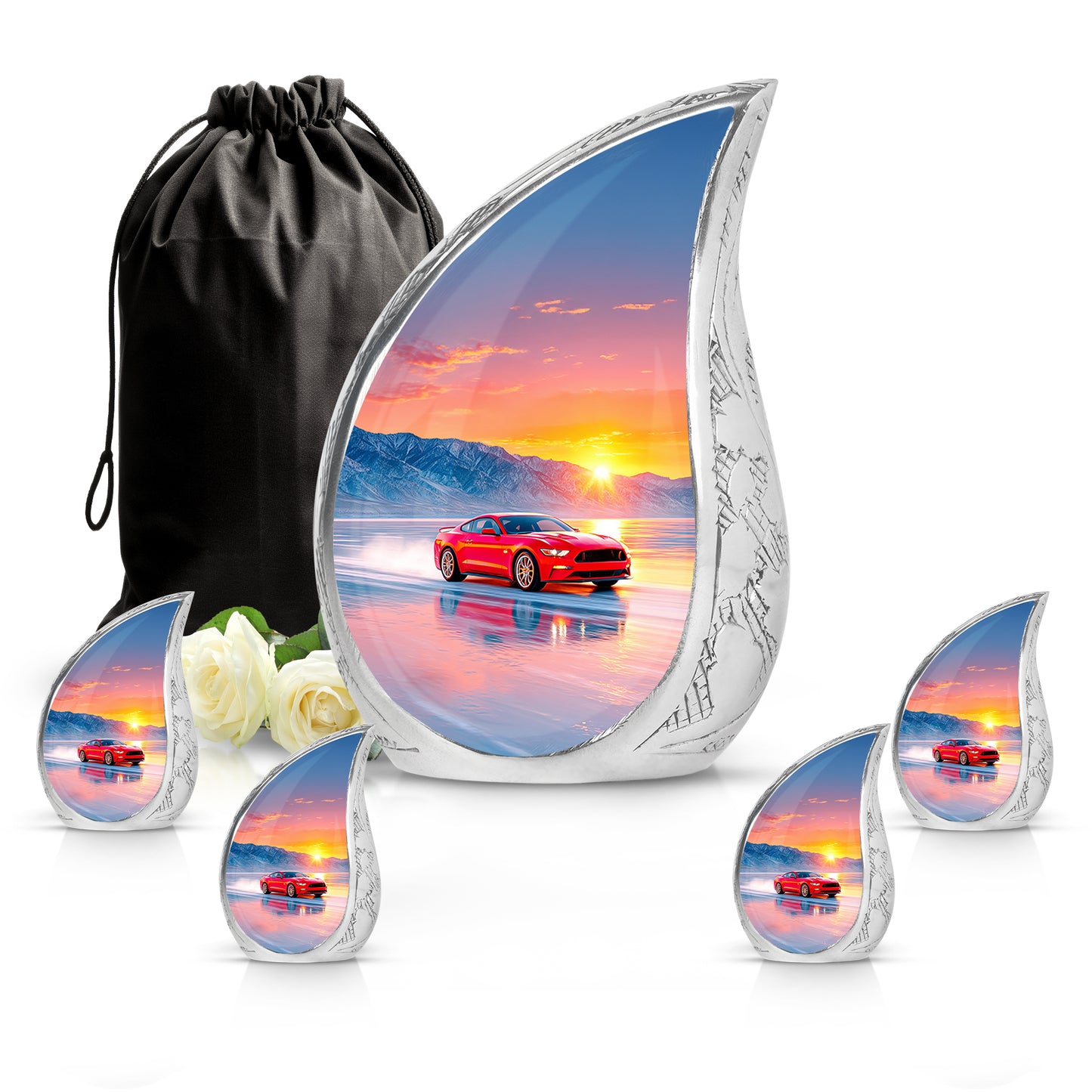 Petal Pink Car Cremation Urn side profile showing urn shape - smooth teardrop contour featuring car art - memorial set with one large and four small urns
