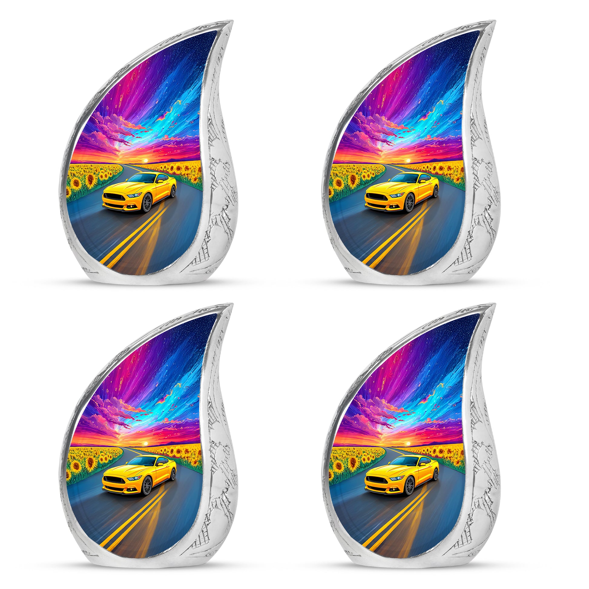 Powder Blue Car Cremation Urn close-up of engraving and surface detail - rounded teardrop car design with delicate detail - 10 inch aluminum urn for cremated remains
