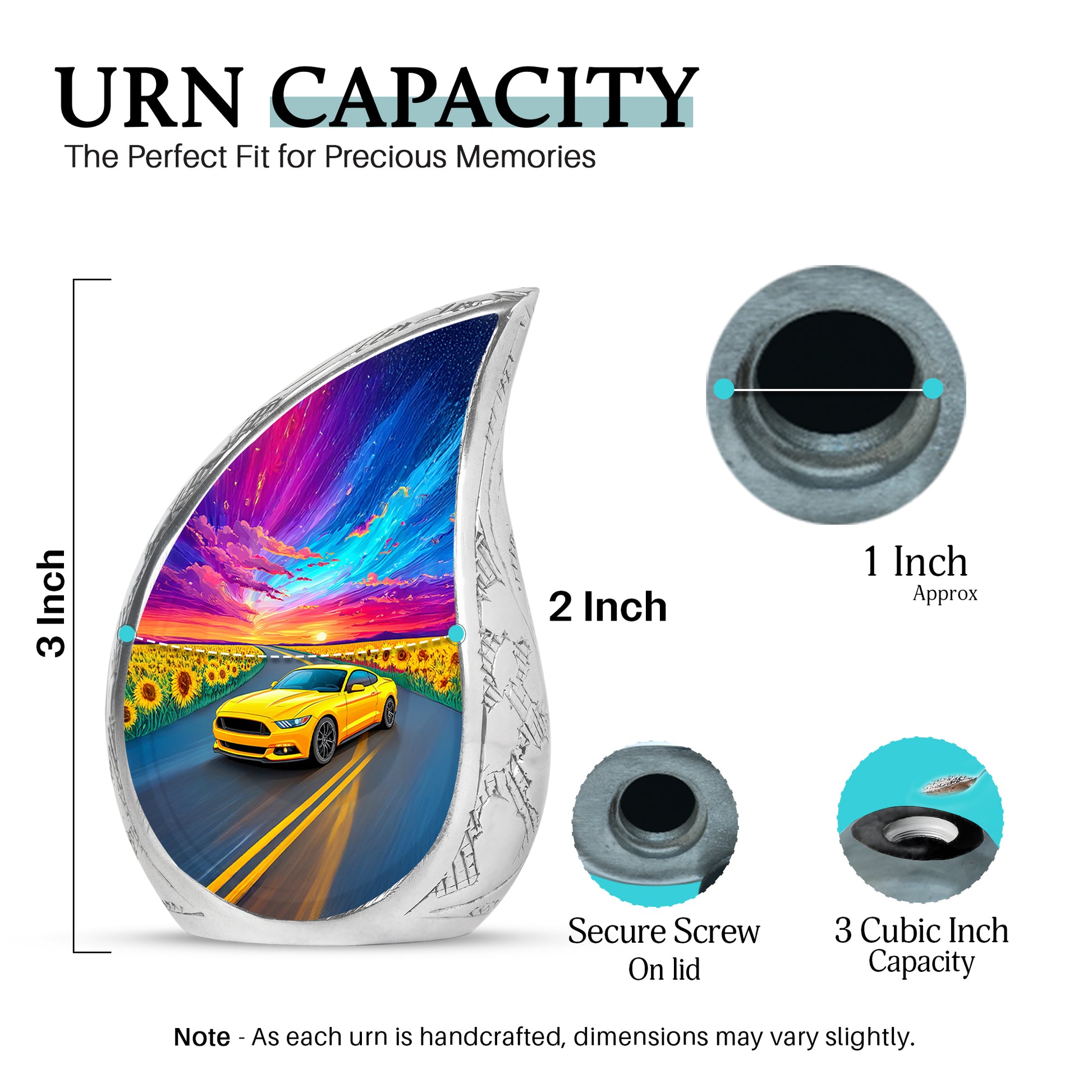 Vivid Blue Car Cremation Urn angled view of lid and engraved motif - smooth teardrop contour featuring car art - mini keepsake memorial for portion of cremation ashes