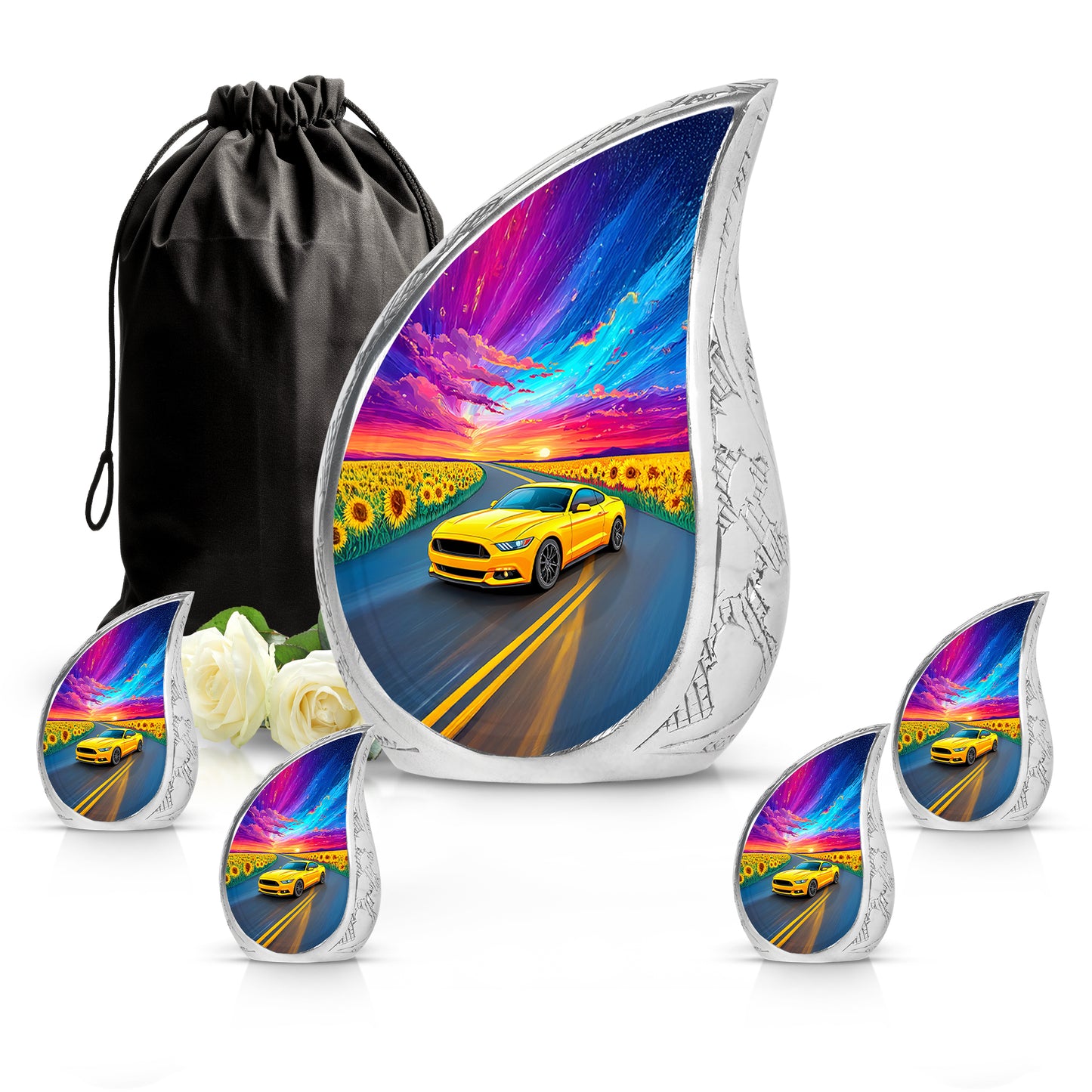 Powder Blue Car Cremation Urn side profile showing urn shape - flowing teardrop car silhouette on curved aluminum - memorial set with one large and four small urns