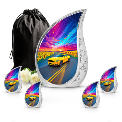 Powder Blue Car Cremation Urn side profile showing urn shape - flowing teardrop car silhouette on curved aluminum - memorial set with one large and four small urns