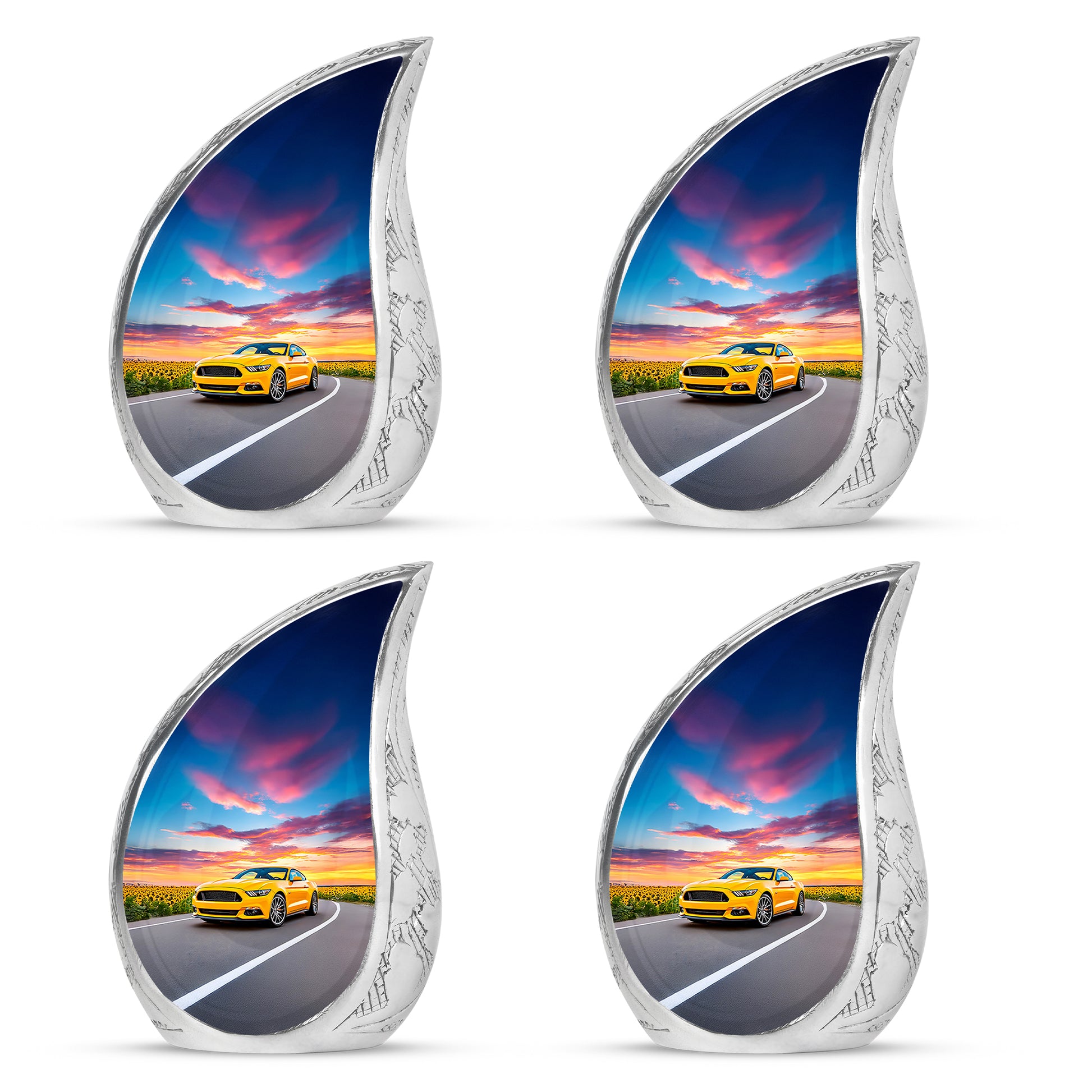 Azure Car Cremation Urn close-up of engraving and surface detail - rounded teardrop car design with delicate detail - 10 inch aluminum urn for cremated remains