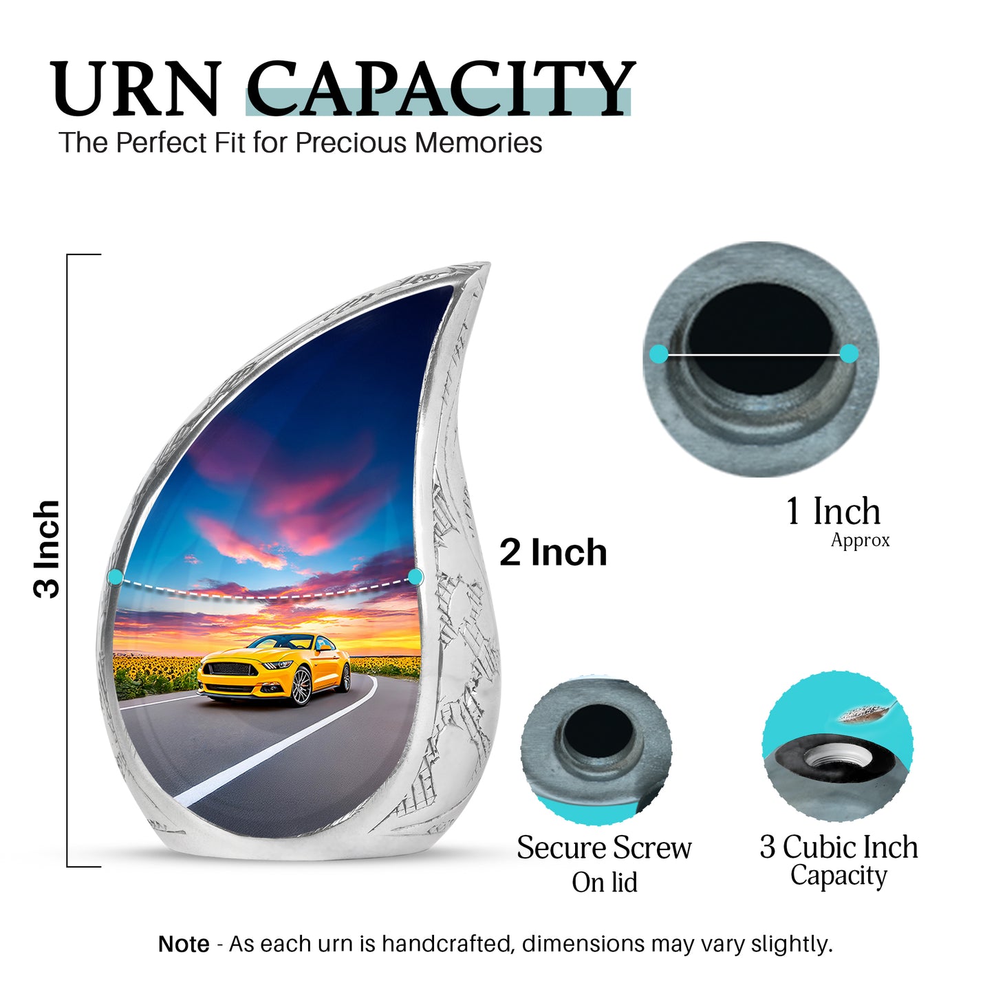 Celestial Blue Car Cremation Urn angled view of lid and engraved motif - rounded teardrop car design with delicate detail - mini keepsake memorial for portion of cremation ashes