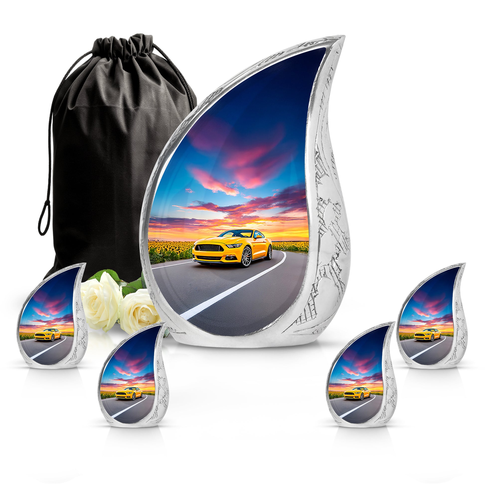 Navy Blue Car Cremation Urn side profile showing urn shape - rounded teardrop car design with delicate detail - memorial set with one large and four small urns