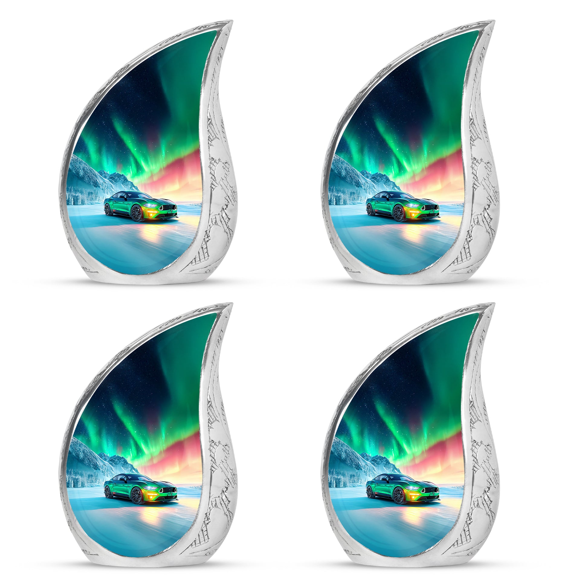 Steel Blue Car Cremation Urn close-up of engraving and surface detail - smooth teardrop contour featuring car art - 10 inch aluminum urn for cremated remains