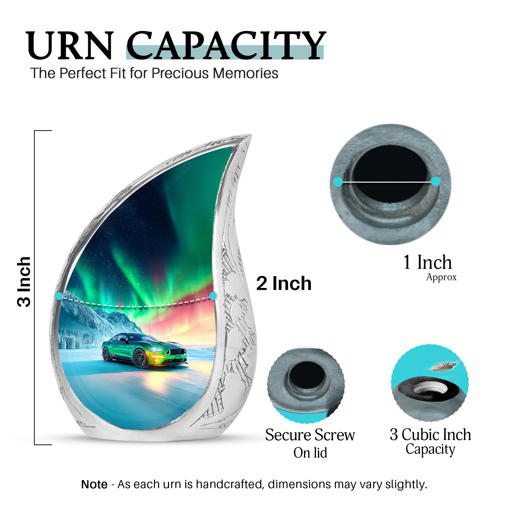 Sapphire Blue Car Cremation Urn angled view of lid and engraved motif - smooth teardrop contour featuring car art - mini keepsake memorial for portion of cremation ashes