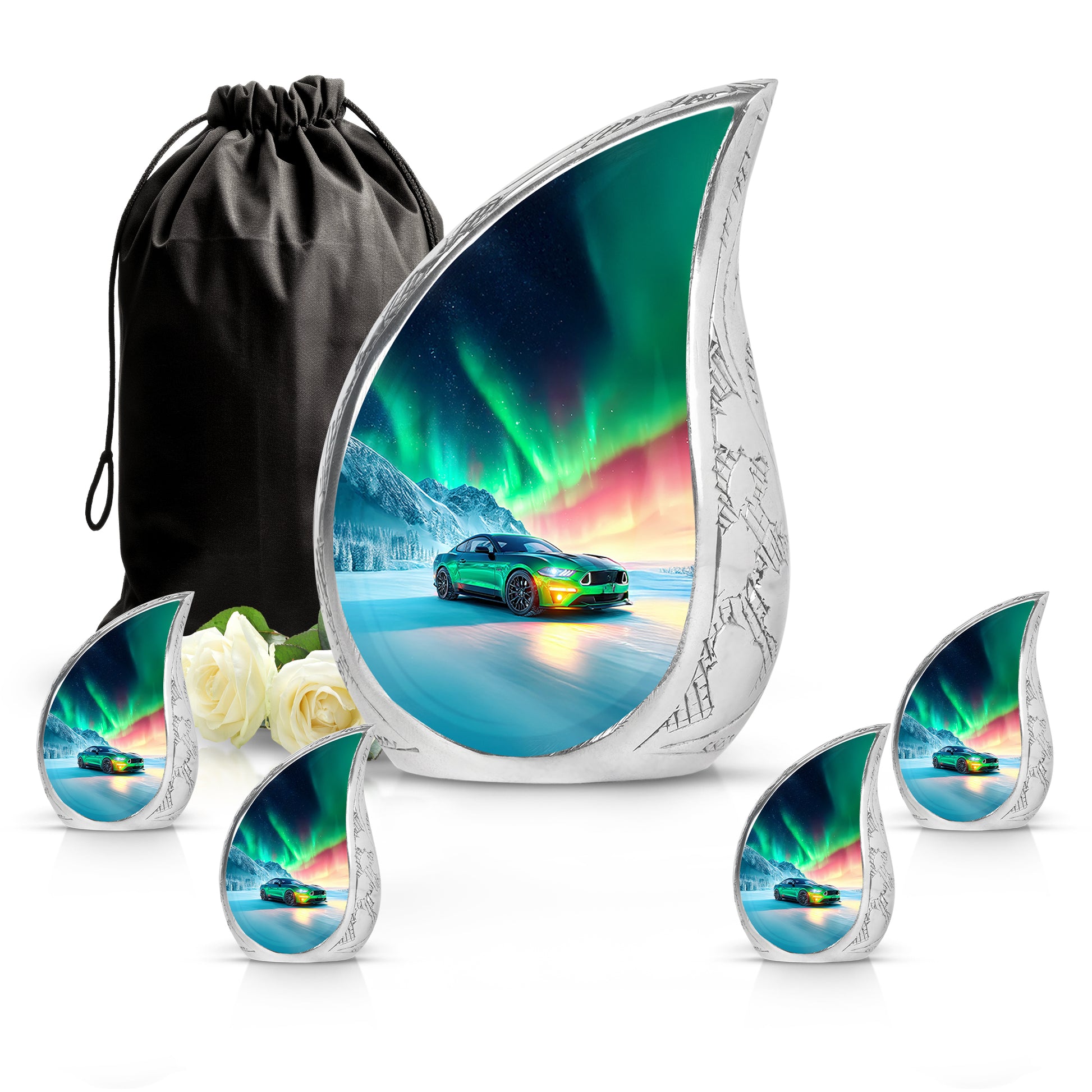 Pastel Blue Car Cremation Urn side profile showing urn shape - rounded teardrop car design with delicate detail - memorial set with one large and four small urns
