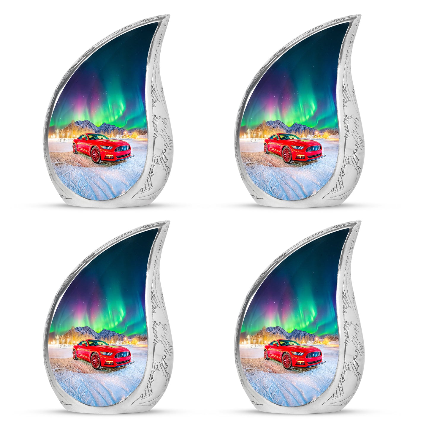 Indigo Car Cremation Urn close-up of engraving and surface detail - flowing teardrop car silhouette on curved aluminum - 10 inch aluminum urn for cremated remains