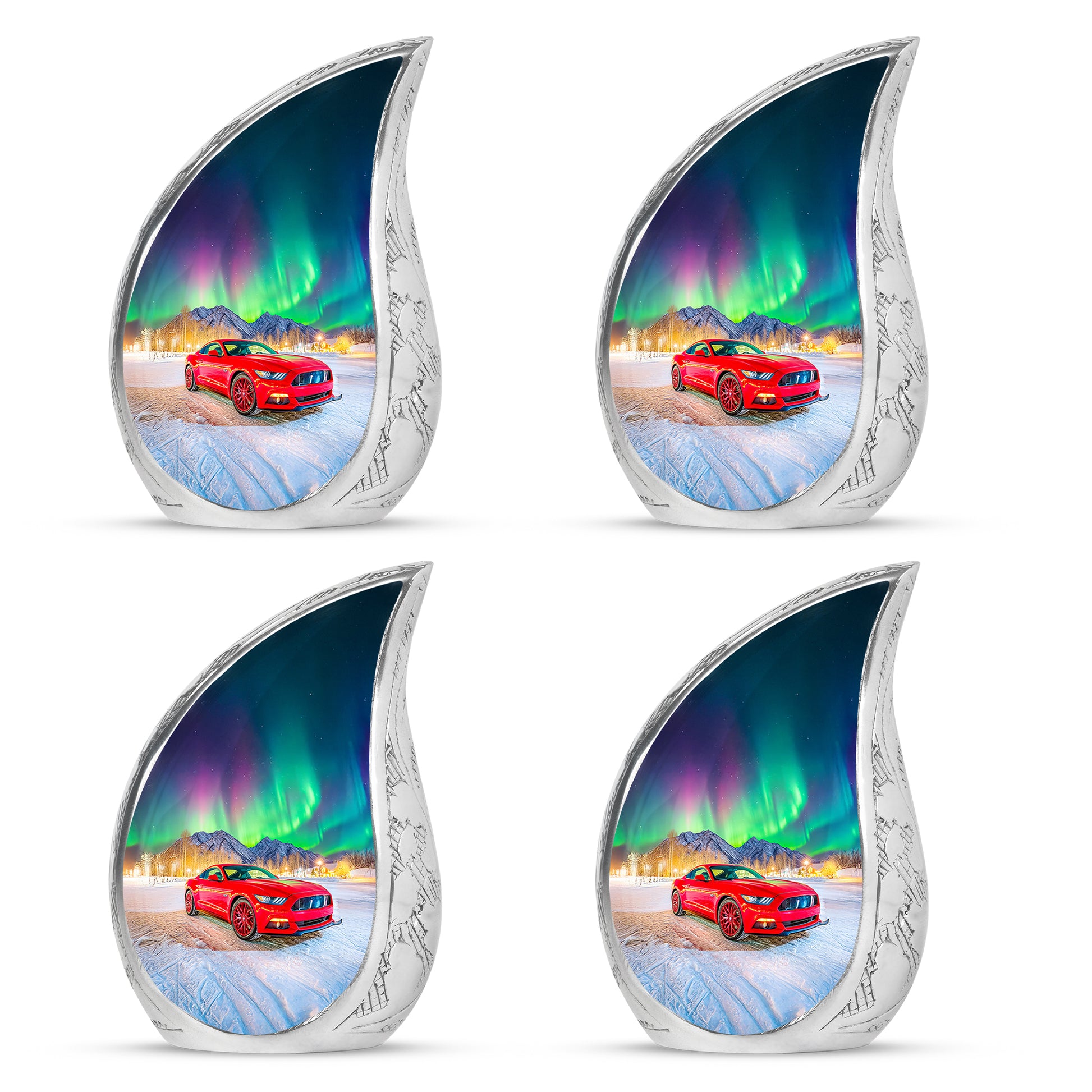 Indigo Car Cremation Urn close-up of engraving and surface detail - flowing teardrop car silhouette on curved aluminum - 10 inch aluminum urn for cremated remains