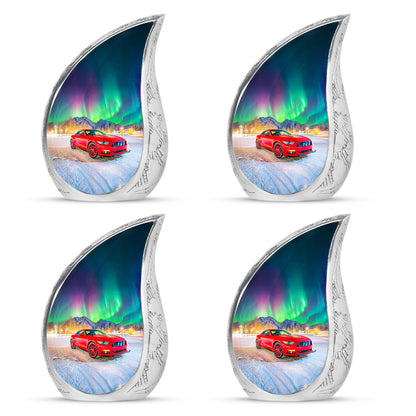 Indigo Car Cremation Urn close-up of engraving and surface detail - flowing teardrop car silhouette on curved aluminum - 10 inch aluminum urn for cremated remains