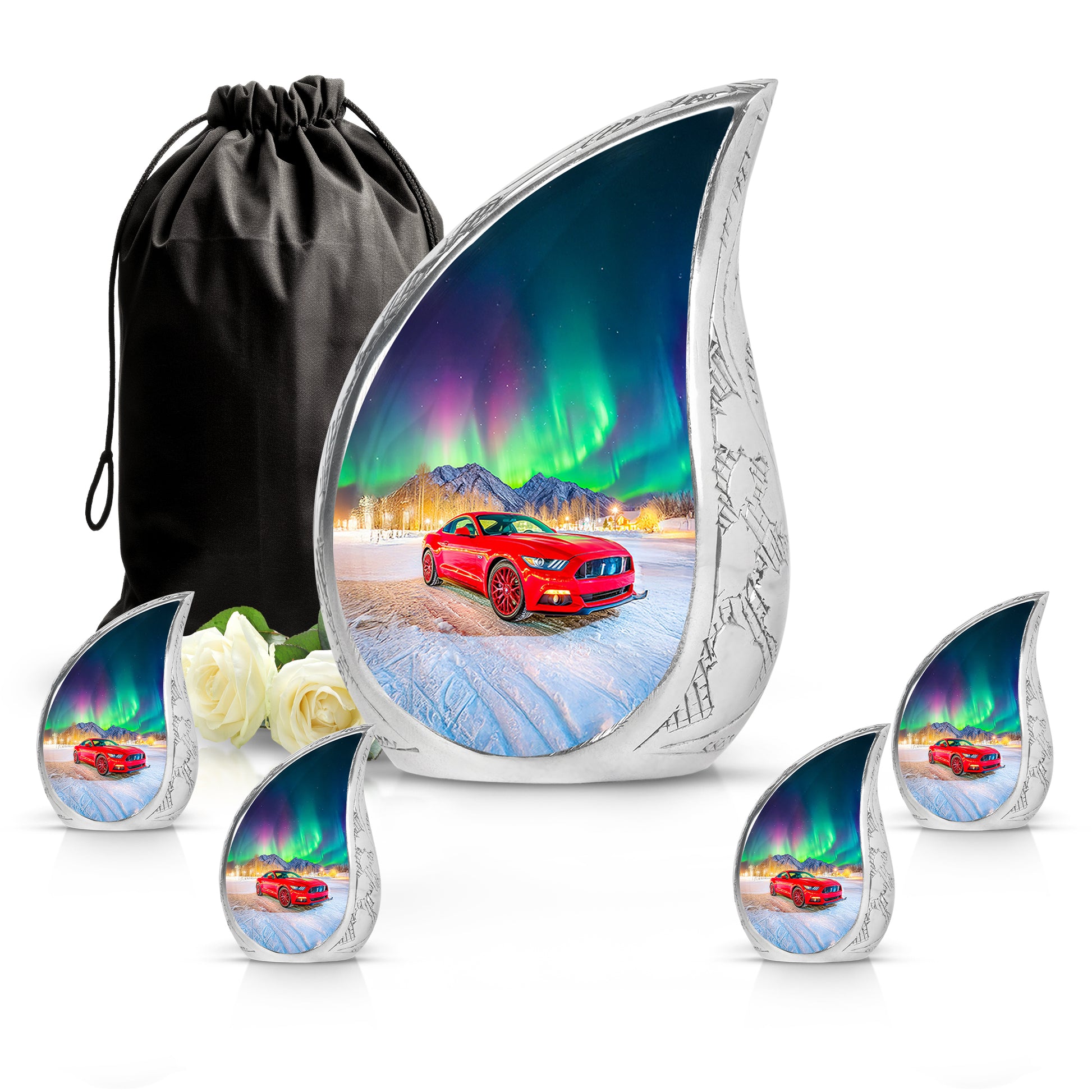 Slate Blue Car Cremation Urn side profile showing urn shape - rounded teardrop car design with delicate detail - memorial set with one large and four small urns