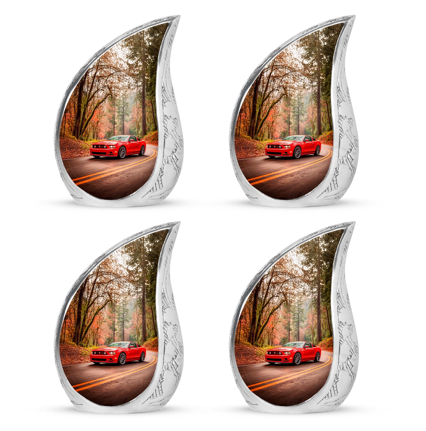Warm Gold Car Cremation Urn close-up of engraving and surface detail - smooth teardrop contour featuring car art - 10 inch aluminum urn for cremated remains