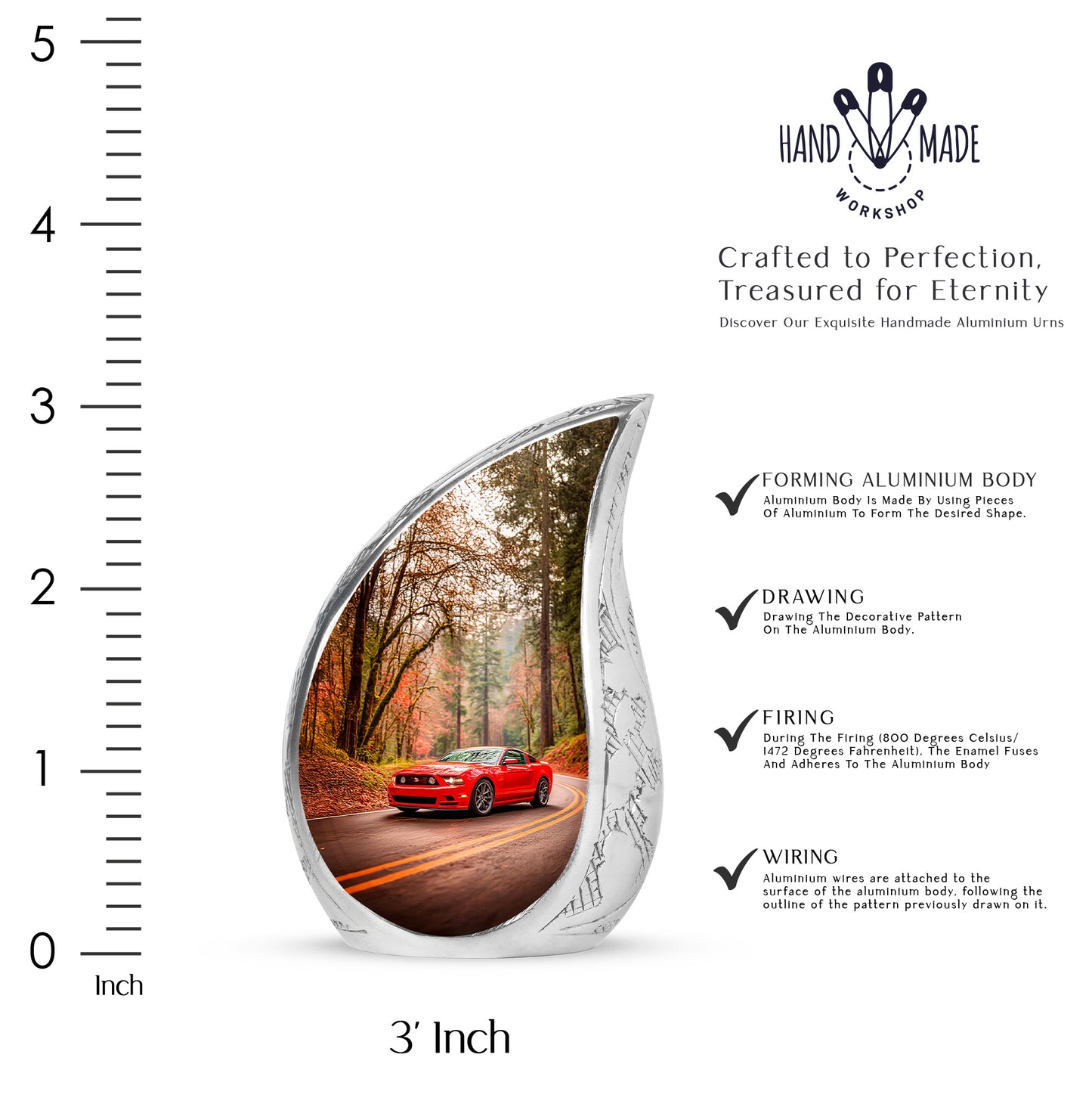 Antique Gold Car Cremation Urn angled view of lid and engraved motif - rounded teardrop car design with delicate detail - mini keepsake memorial for portion of cremation ashes