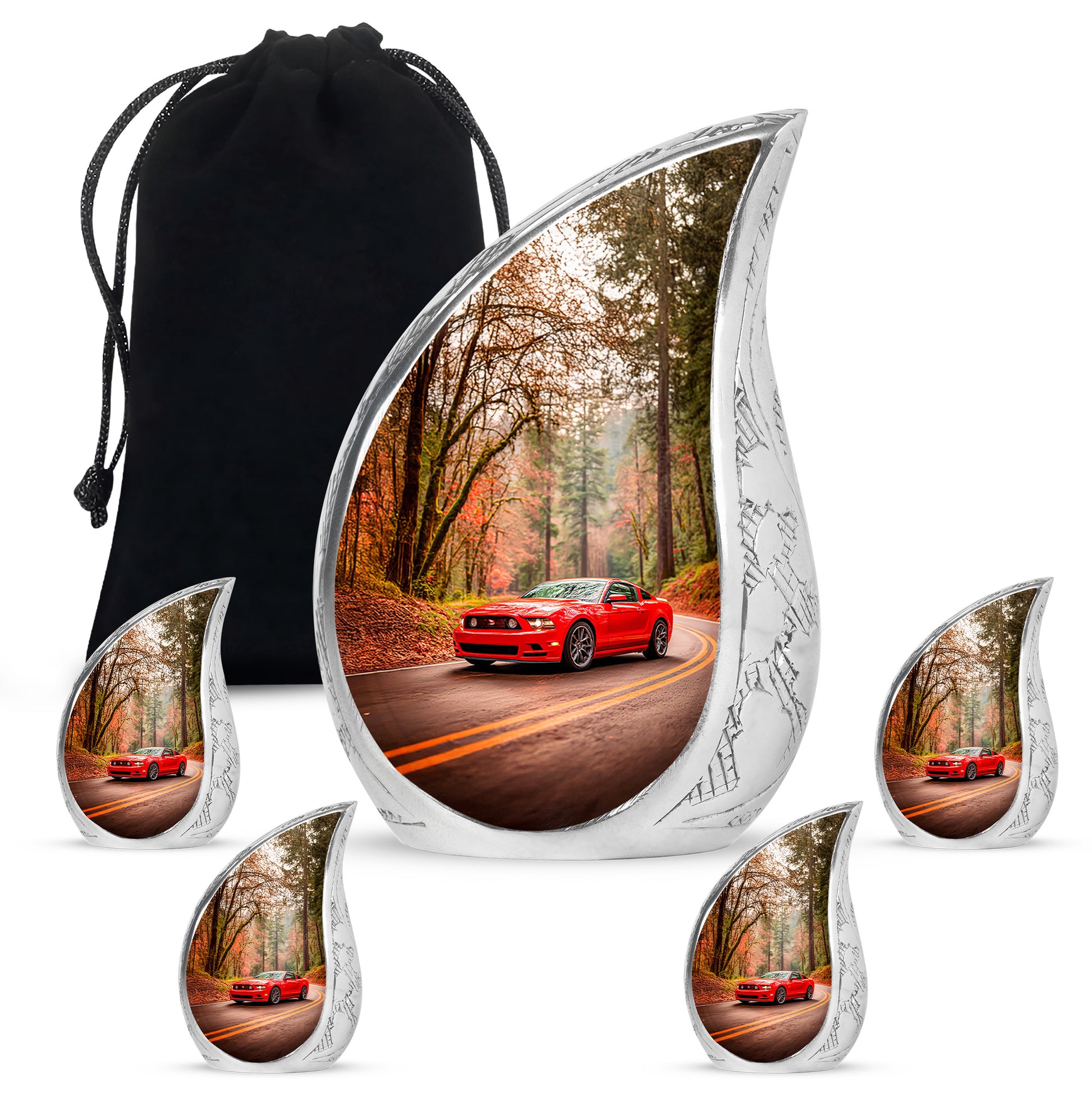 Burnished Gold Car Cremation Urn side profile showing urn shape - graceful tear-shaped urn with car motif - memorial set with one large and four small urns