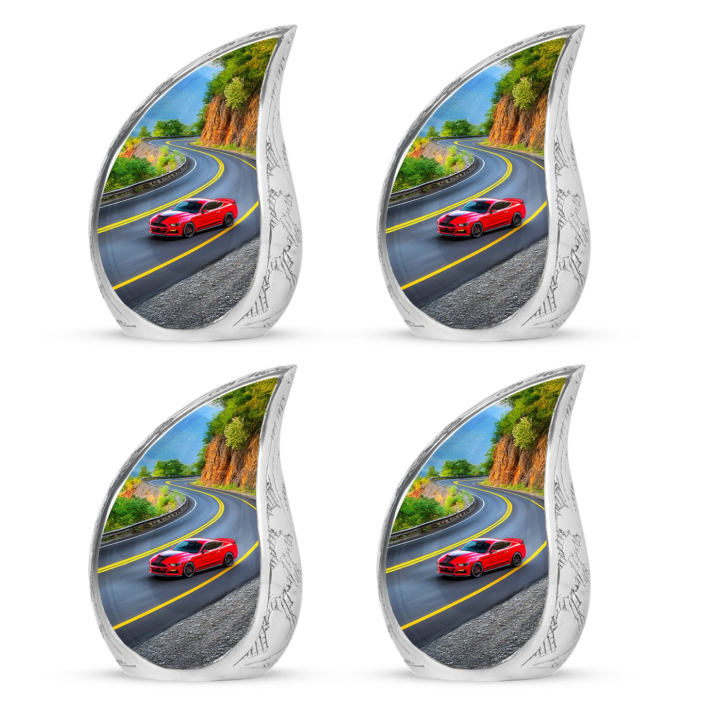 Jet Black Car Cremation Urn close-up of engraving and surface detail - rounded teardrop car design with delicate detail - 10 inch aluminum urn for cremated remains