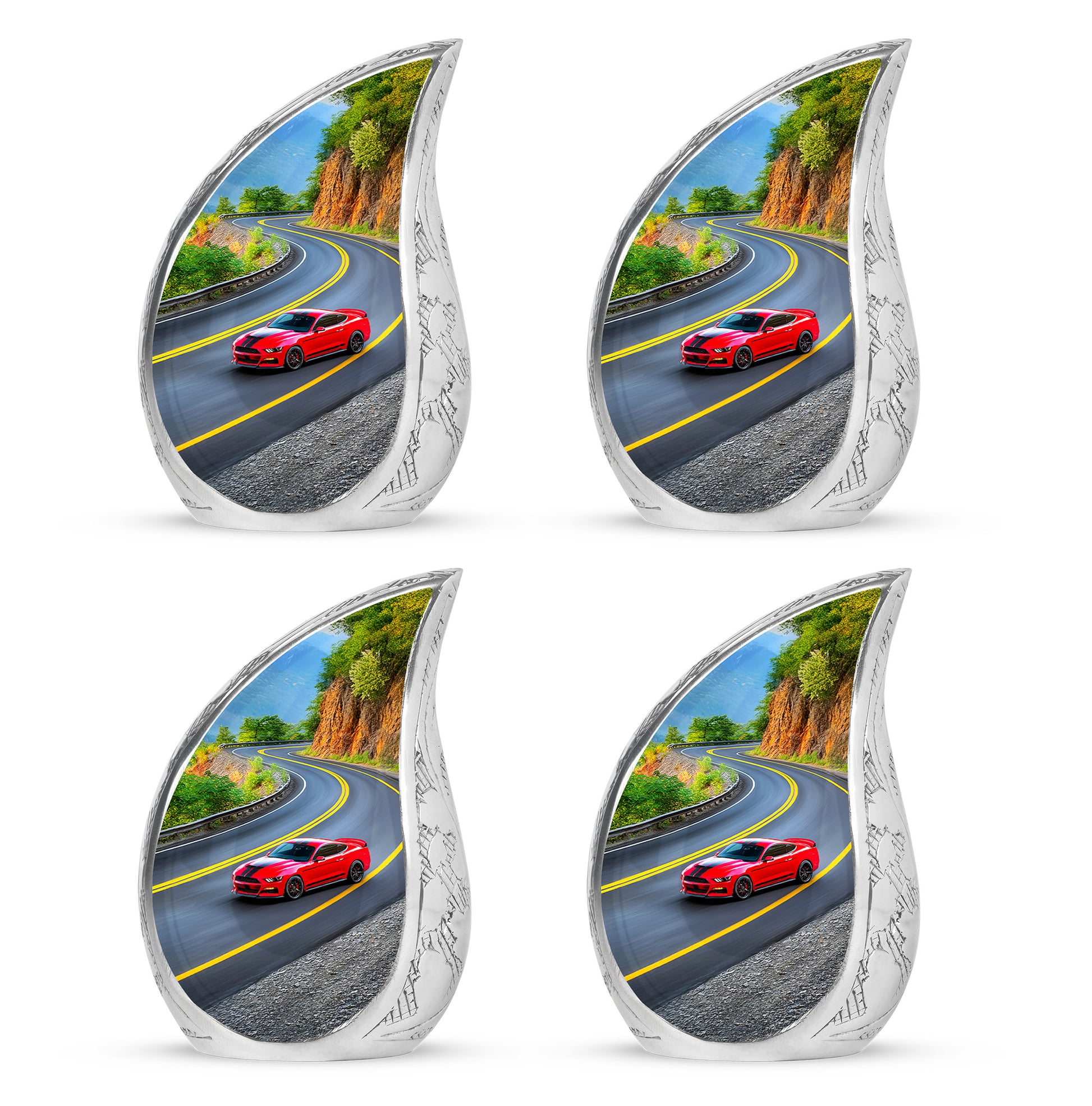 Jet Black Car Cremation Urn close-up of engraving and surface detail - rounded teardrop car design with delicate detail - 10 inch aluminum urn for cremated remains