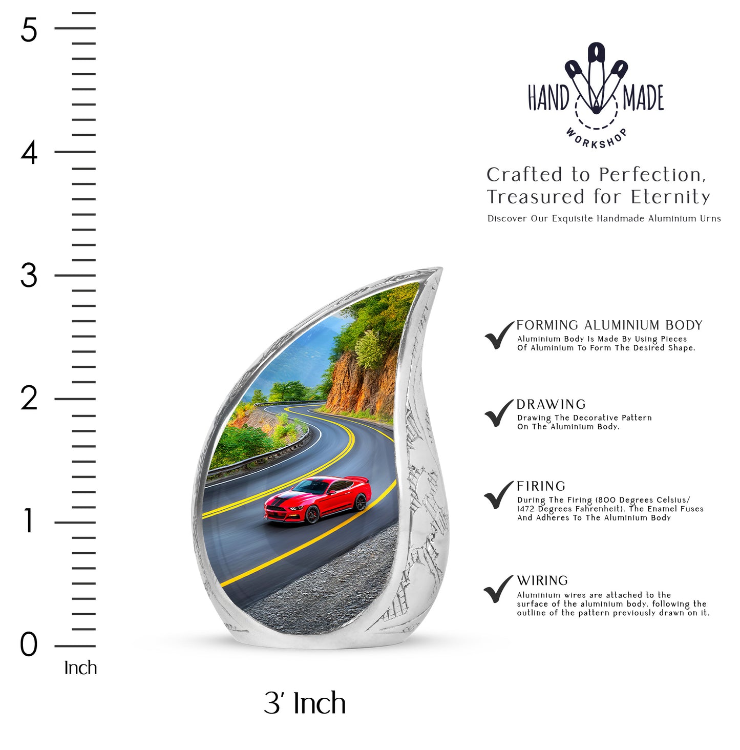 Glossy Black Car Cremation Urn angled view of lid and engraved motif - flowing teardrop car silhouette on curved aluminum - mini keepsake memorial for portion of cremation ashes
