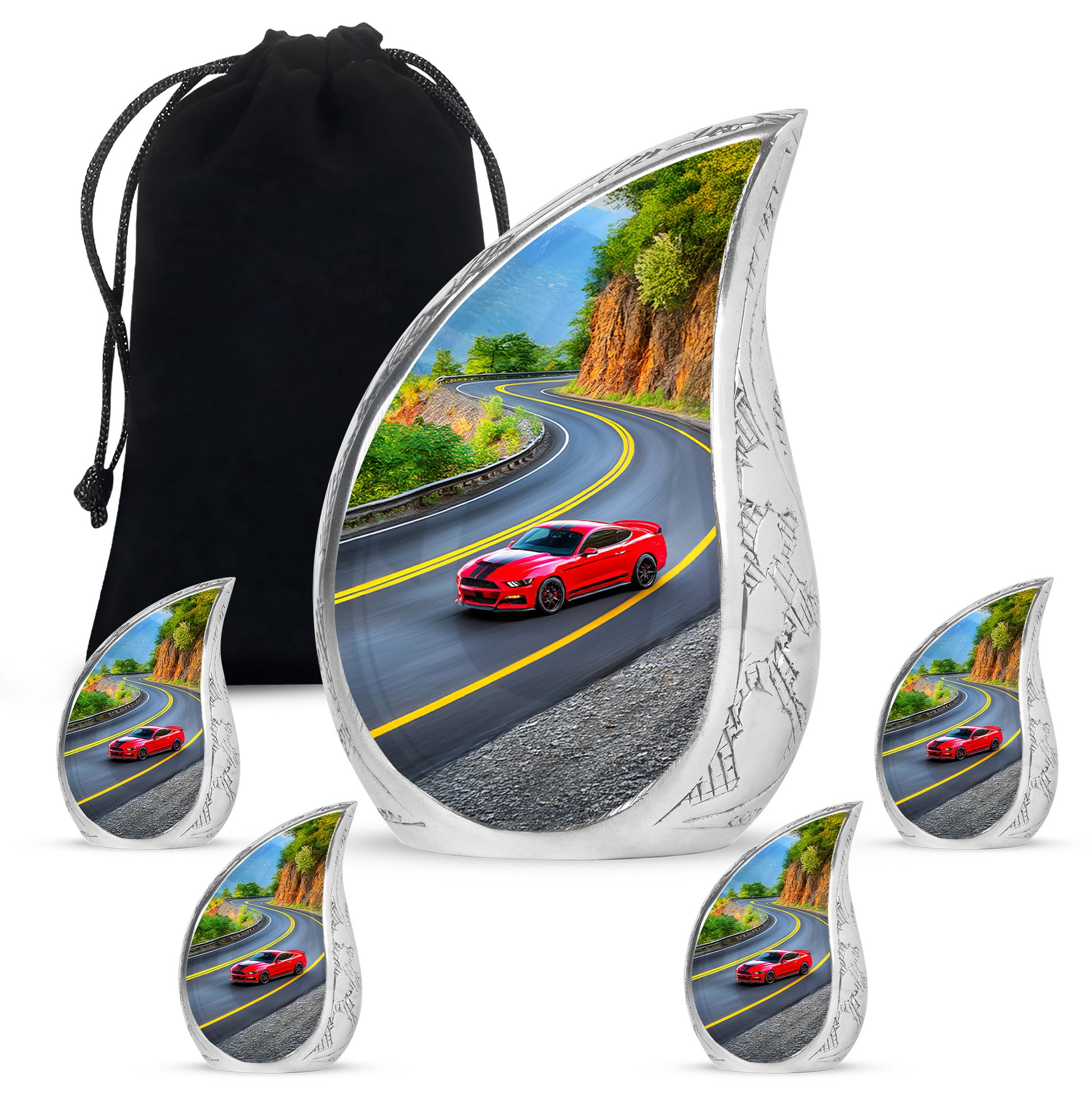 Glossy Black Car Cremation Urn side profile showing urn shape - flowing teardrop car silhouette on curved aluminum - memorial set with one large and four small urns
