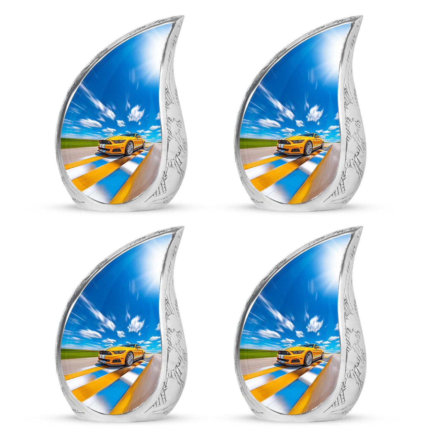 Calming Blue Car Cremation Urn close-up of engraving and surface detail - smooth teardrop contour featuring car art - 10 inch aluminum urn for cremated remains