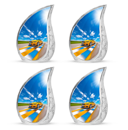 Calming Blue Car Cremation Urn close-up of engraving and surface detail - smooth teardrop contour featuring car art - 10 inch aluminum urn for cremated remains