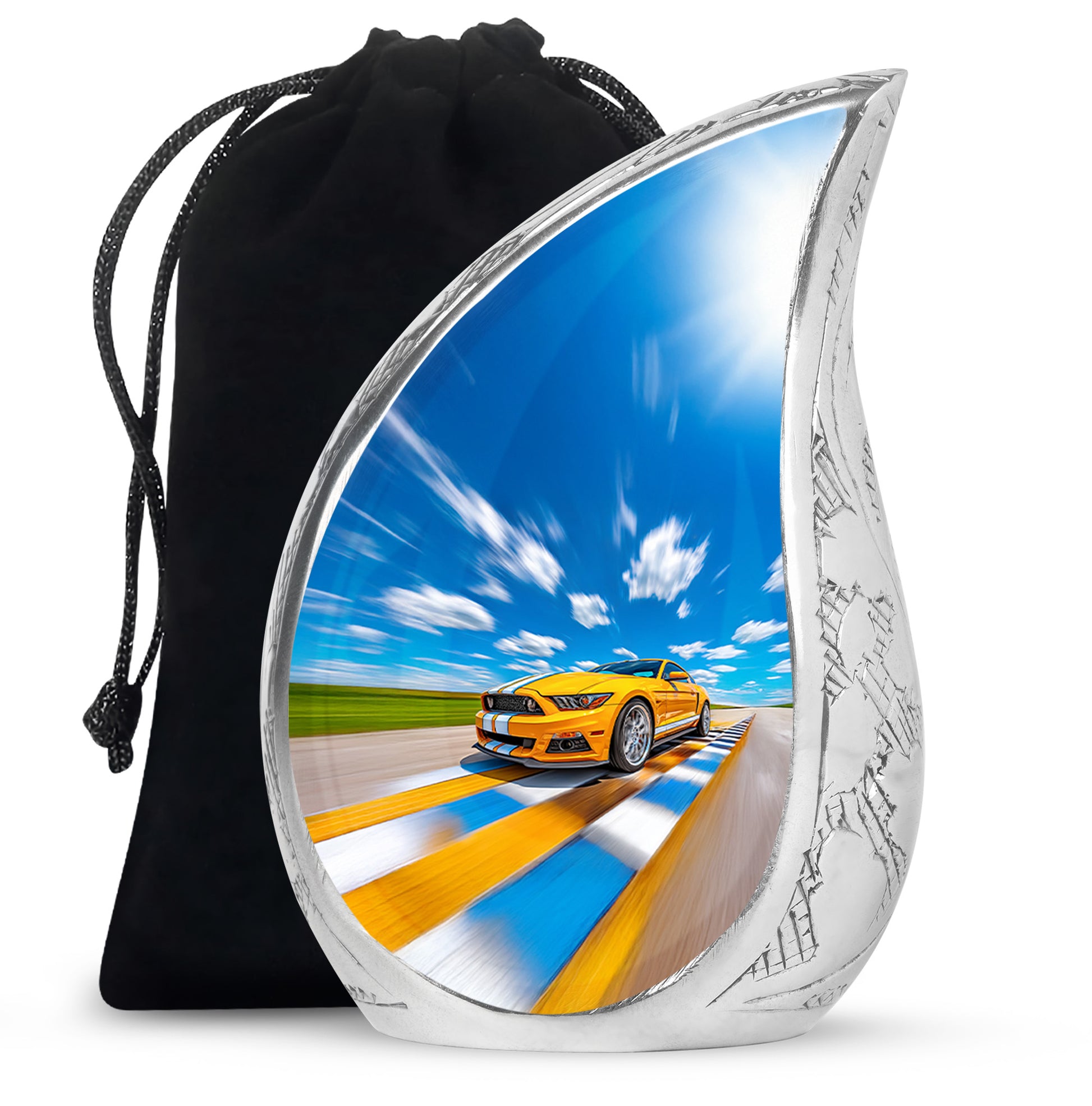 Indigo Car Cremation Urn front view showing detailed design - flowing teardrop car silhouette on curved aluminum - full-size 10 inch 200 cubic inch adult cremation urn