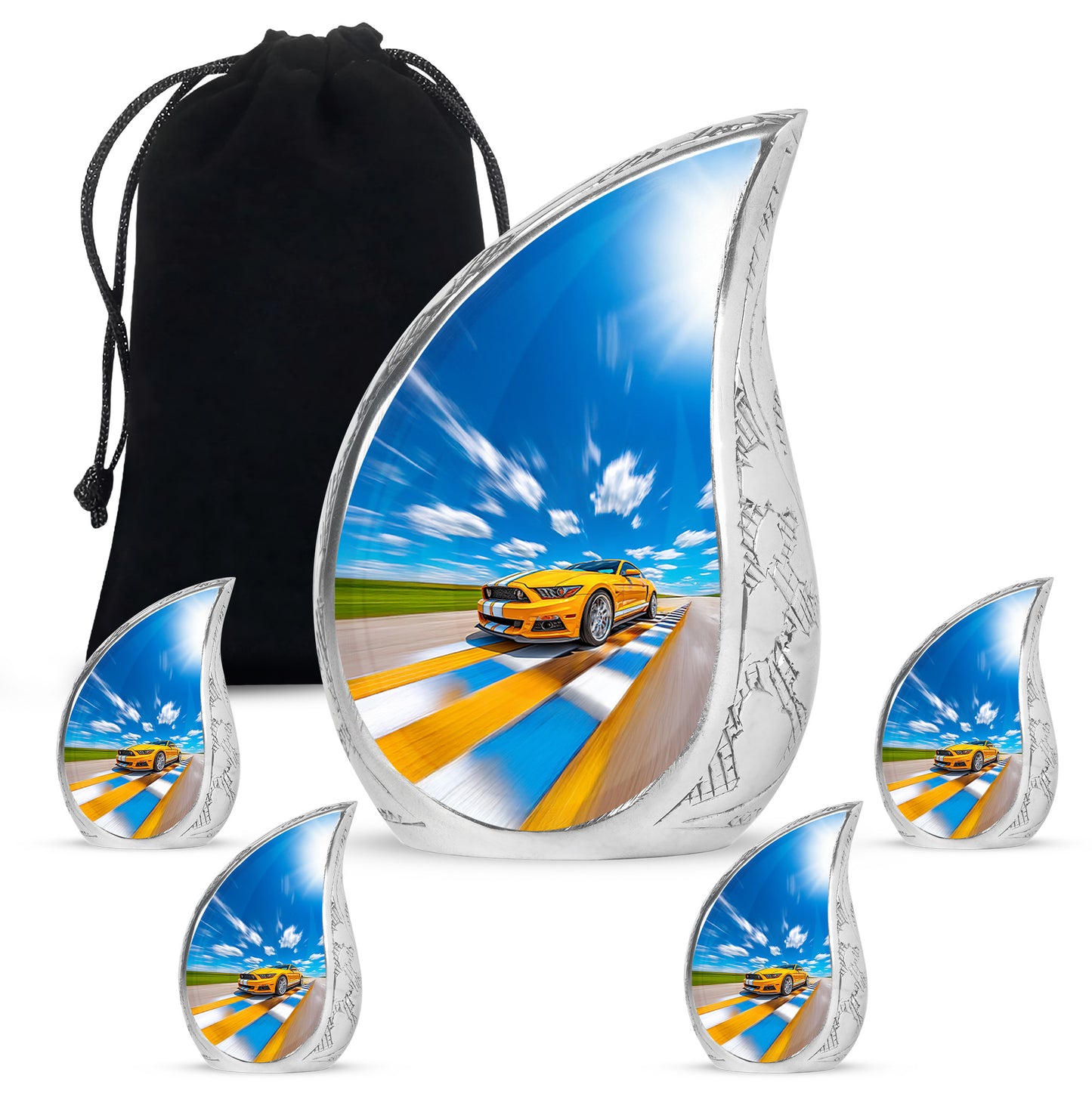 Cobalt Blue Car Cremation Urn side profile showing urn shape - graceful tear-shaped urn with car motif - memorial set with one large and four small urns