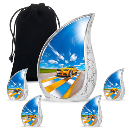 Cobalt Blue Car Cremation Urn side profile showing urn shape - graceful tear-shaped urn with car motif - memorial set with one large and four small urns