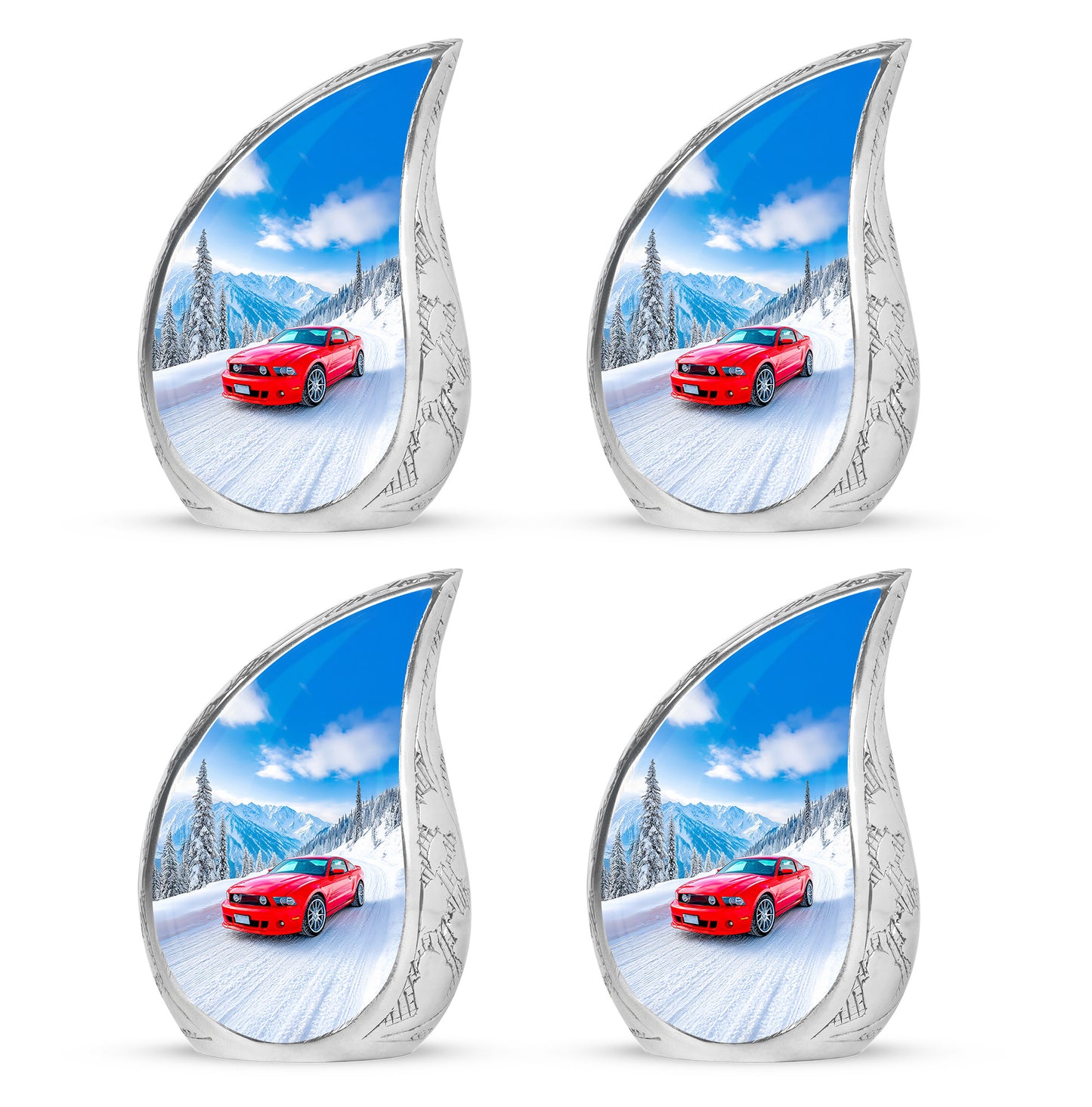 Icy Blue Car Cremation Urn close-up of engraving and surface detail - rounded teardrop car design with delicate detail - 10 inch aluminum urn for cremated remains