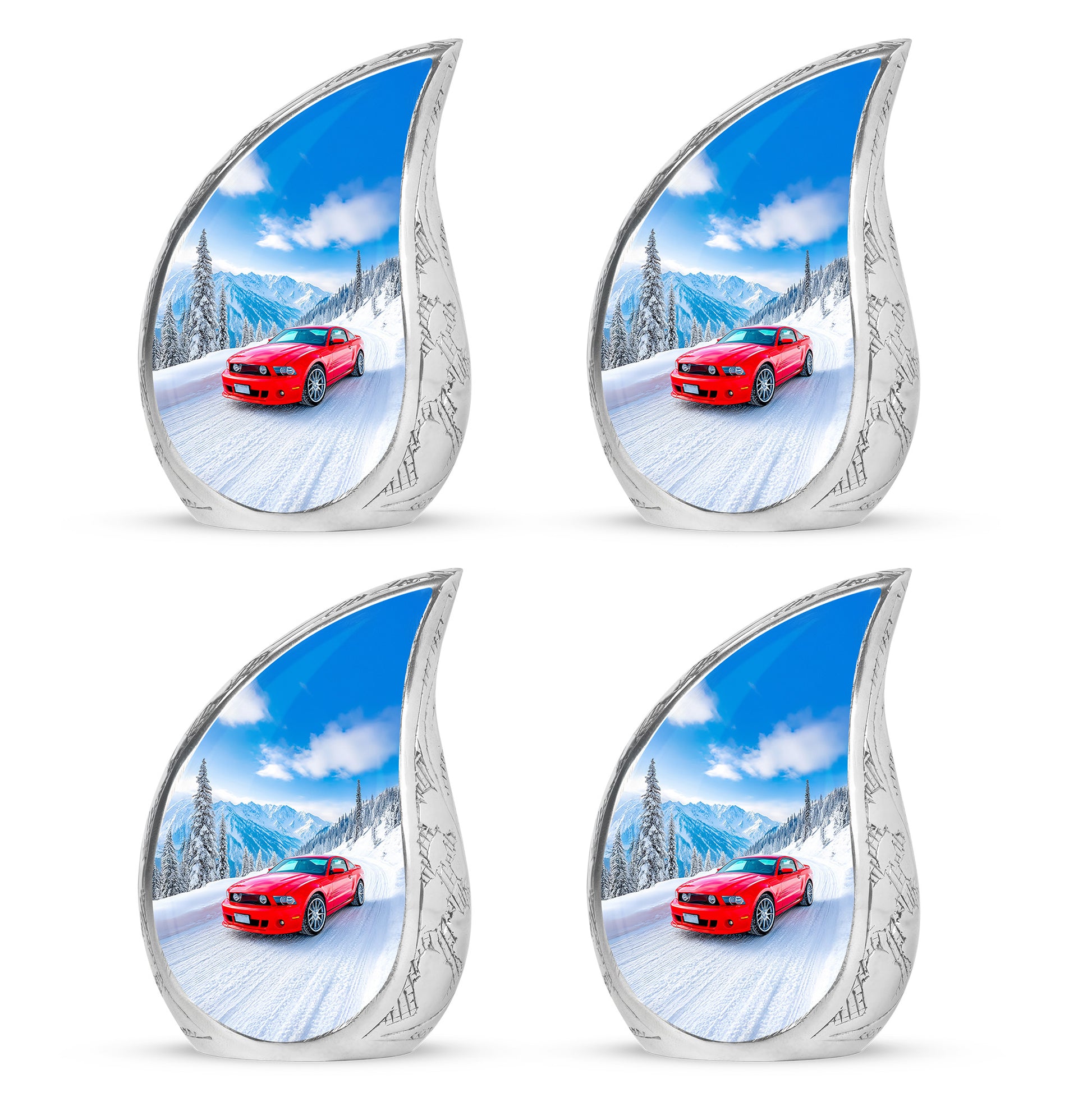 Icy Blue Car Cremation Urn close-up of engraving and surface detail - rounded teardrop car design with delicate detail - 10 inch aluminum urn for cremated remains