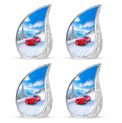 Icy Blue Car Cremation Urn close-up of engraving and surface detail - rounded teardrop car design with delicate detail - 10 inch aluminum urn for cremated remains