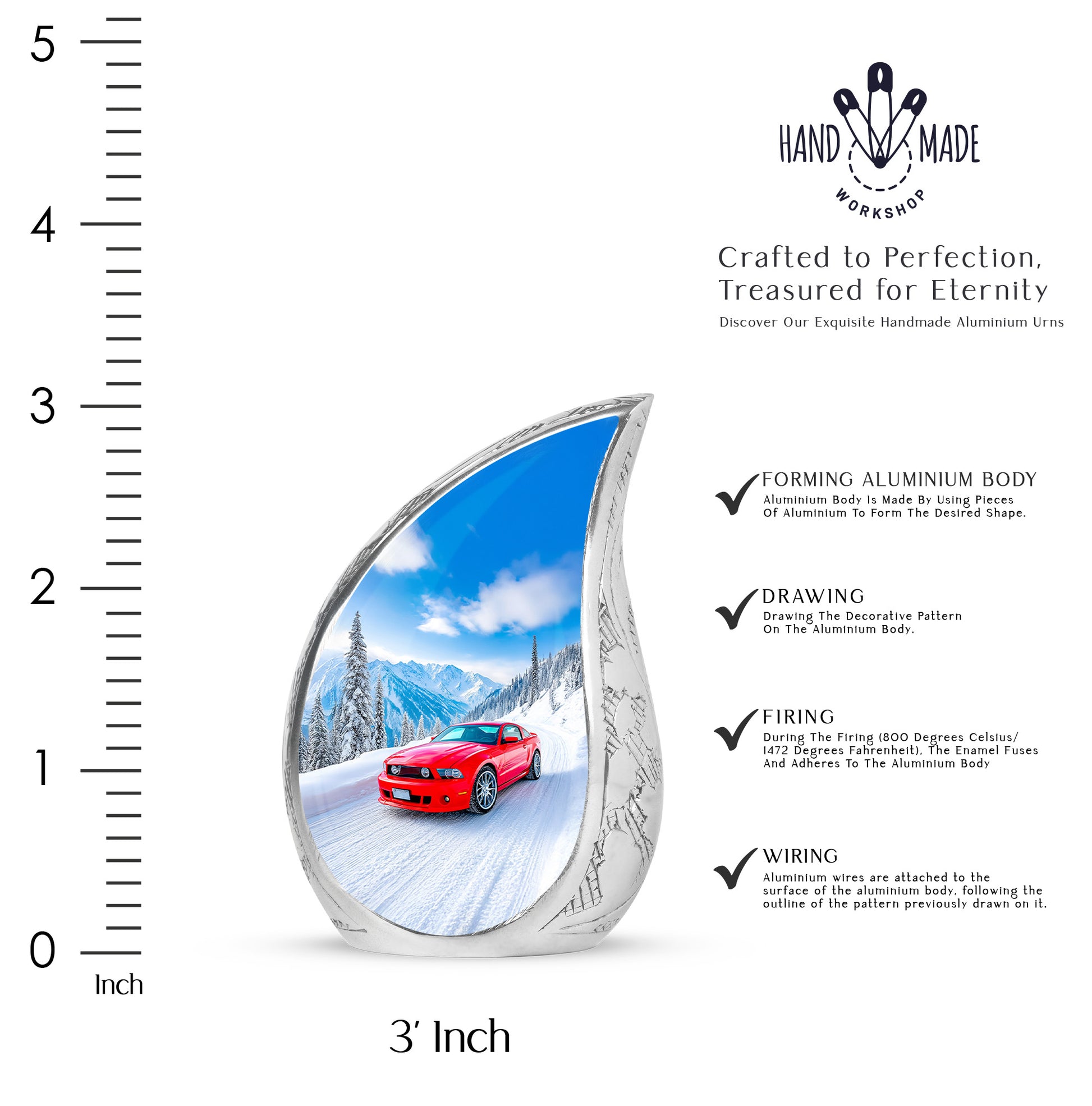Indigo Car Cremation Urn angled view of lid and engraved motif - flowing teardrop car silhouette on curved aluminum - mini keepsake memorial for portion of cremation ashes