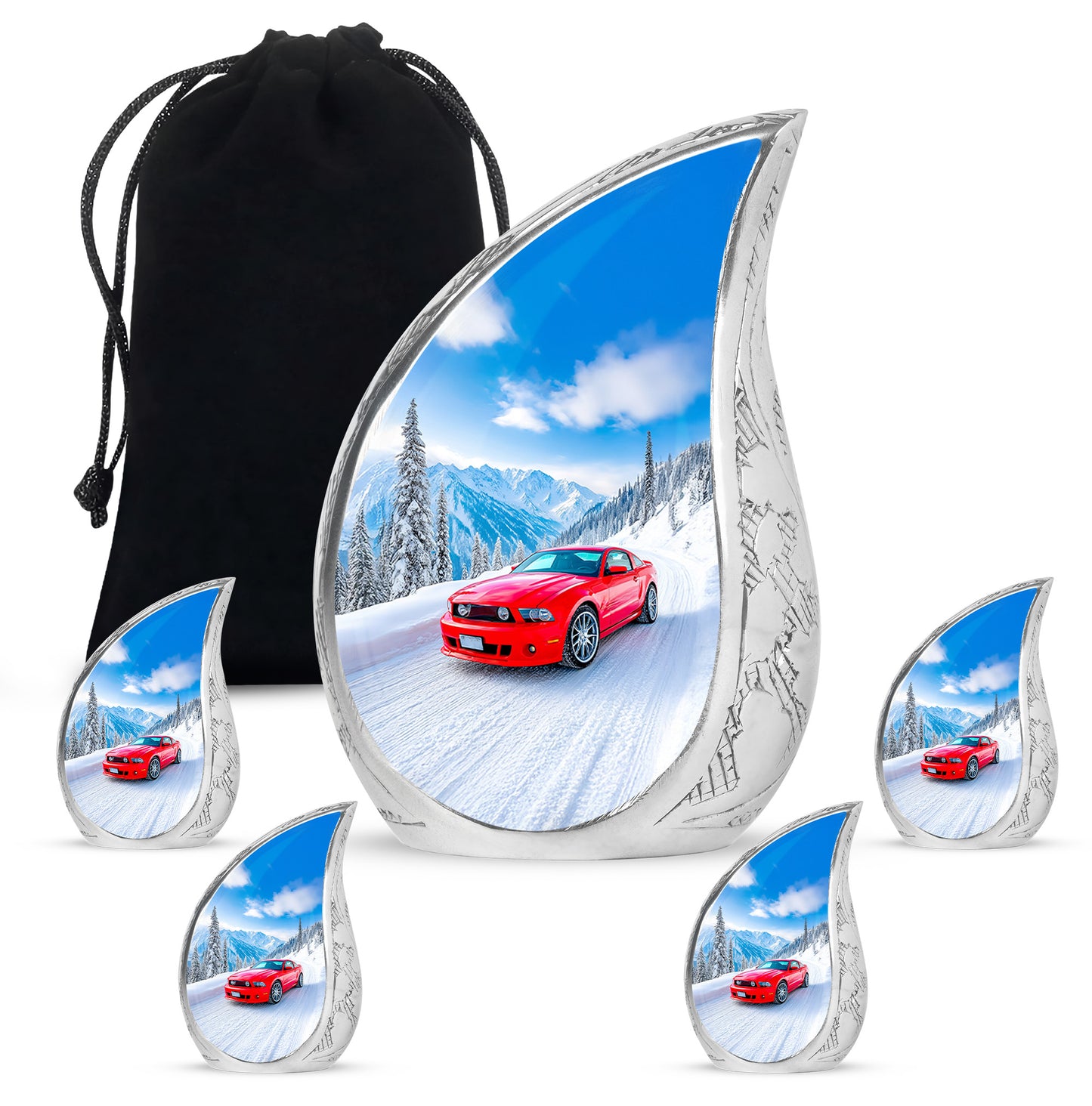 Slate Blue Car Cremation Urn side profile showing urn shape - flowing teardrop car silhouette on curved aluminum - memorial set with one large and four small urns