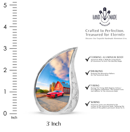 Slate Blue Car Cremation Urn angled view of lid and engraved motif - rounded teardrop car design with delicate detail - mini keepsake memorial for portion of cremation ashes