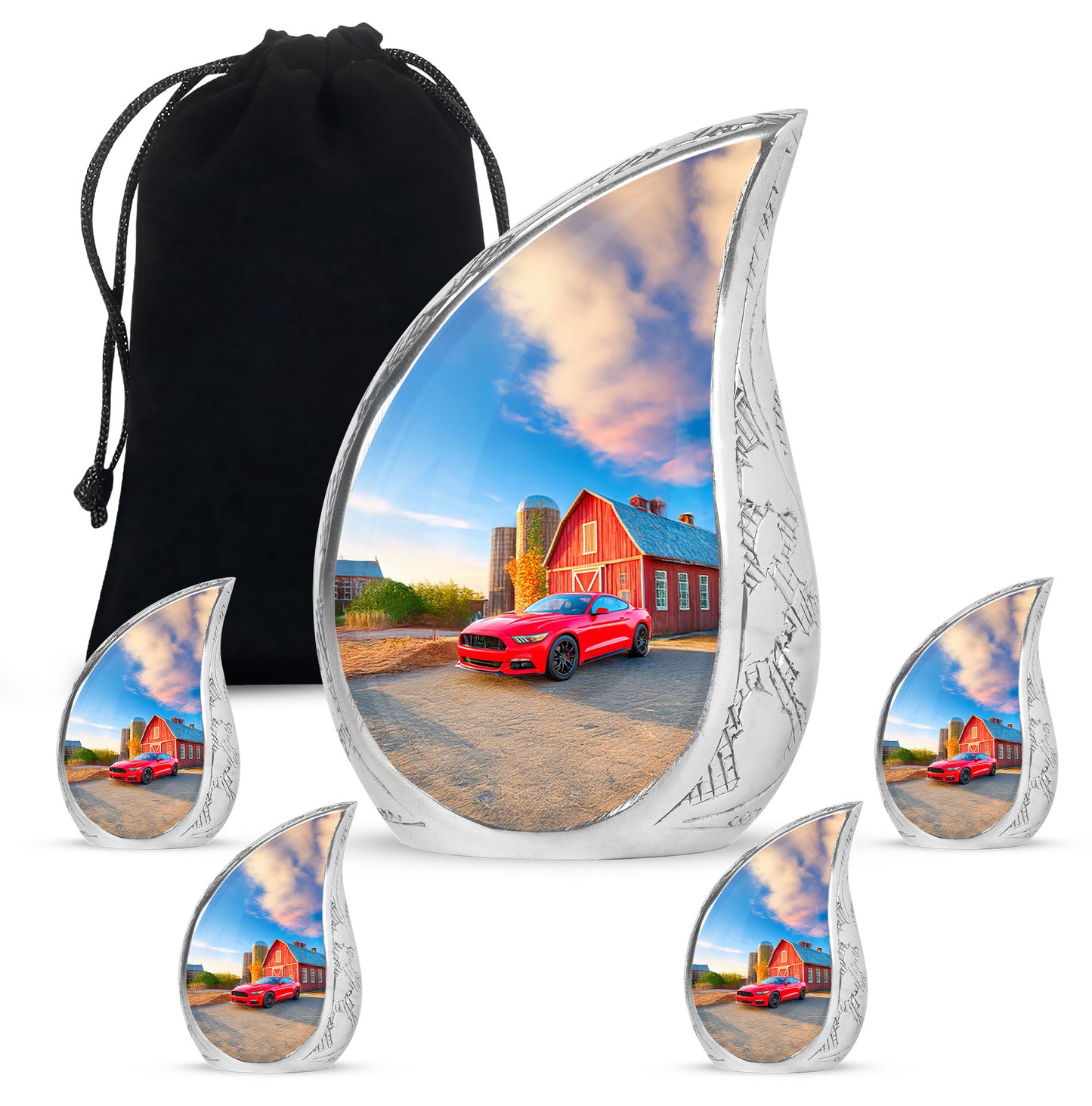 Calming Blue Car Cremation Urn side profile showing urn shape - smooth teardrop contour featuring car art - memorial set with one large and four small urns