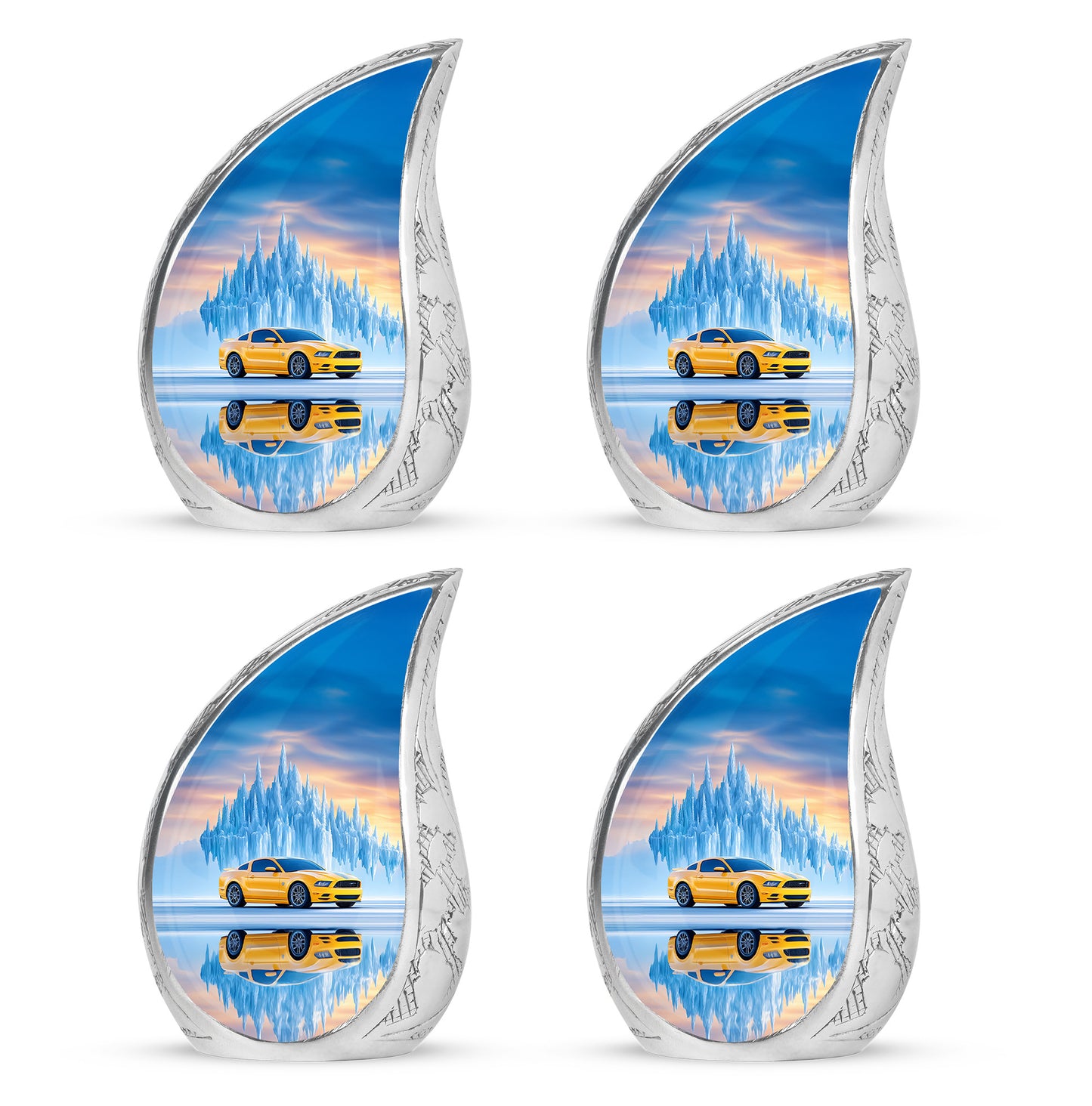 Vivid Blue Car Cremation Urn close-up of engraving and surface detail - smooth teardrop contour featuring car art - 10 inch aluminum urn for cremated remains
