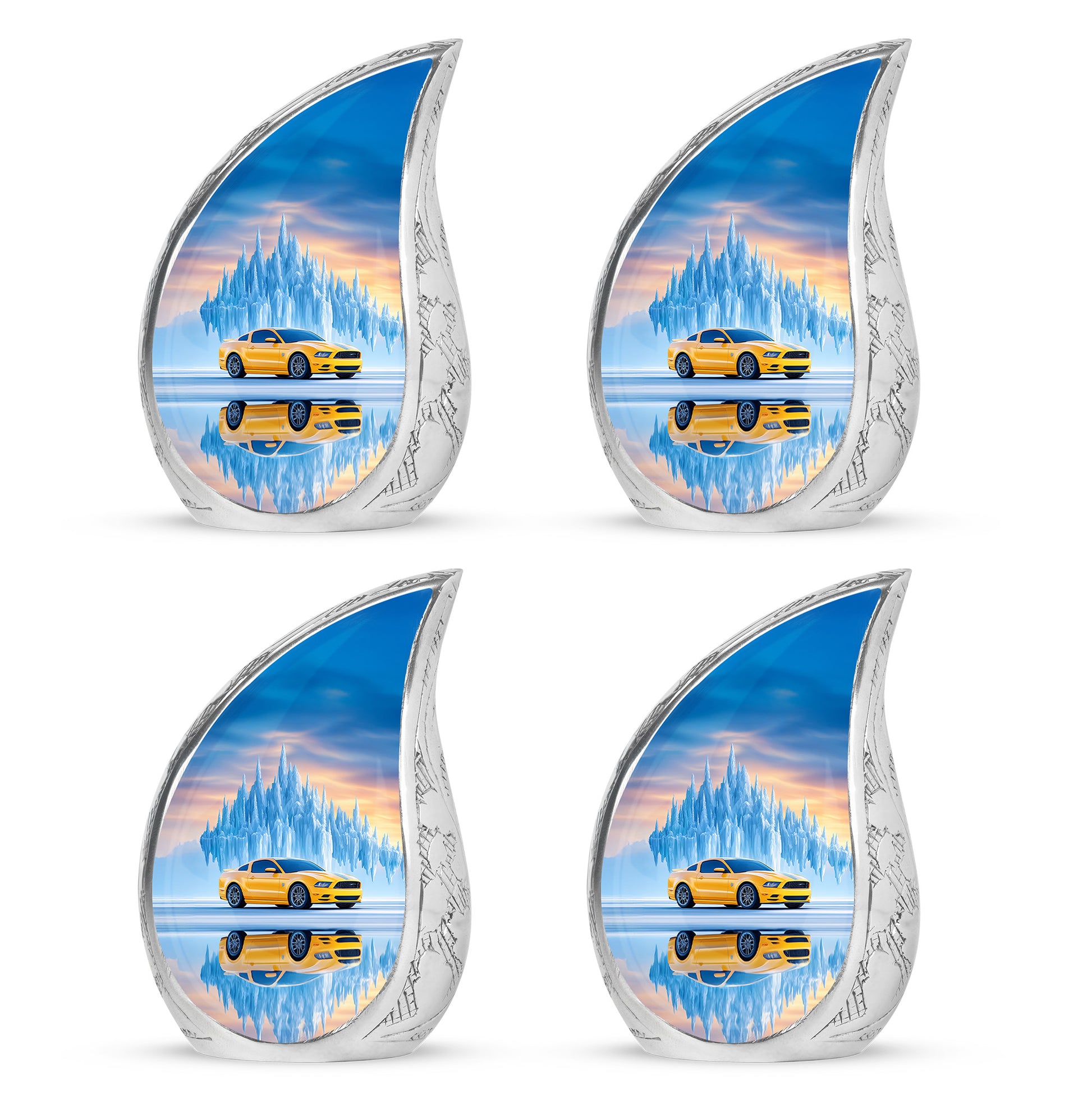 Vivid Blue Car Cremation Urn close-up of engraving and surface detail - smooth teardrop contour featuring car art - 10 inch aluminum urn for cremated remains