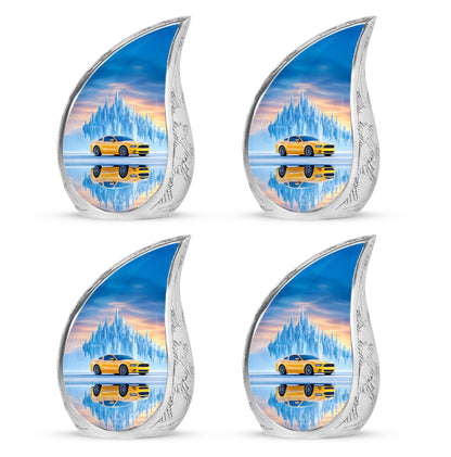 Vivid Blue Car Cremation Urn close-up of engraving and surface detail - smooth teardrop contour featuring car art - 10 inch aluminum urn for cremated remains