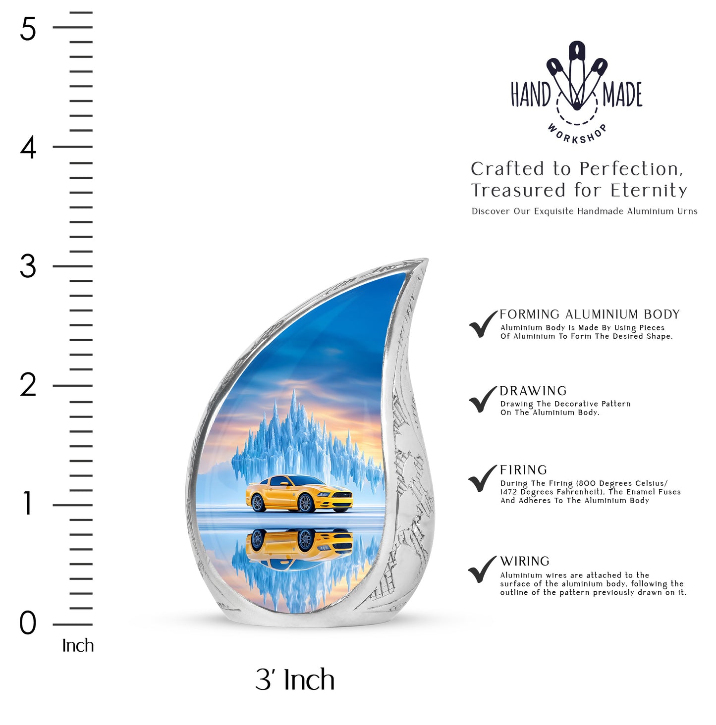 Sapphire Blue Car Cremation Urn angled view of lid and engraved motif - graceful tear-shaped urn with car motif - mini keepsake memorial for portion of cremation ashes