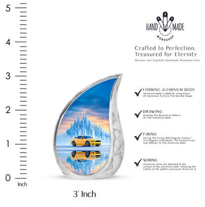 Sapphire Blue Car Cremation Urn angled view of lid and engraved motif - graceful tear-shaped urn with car motif - mini keepsake memorial for portion of cremation ashes