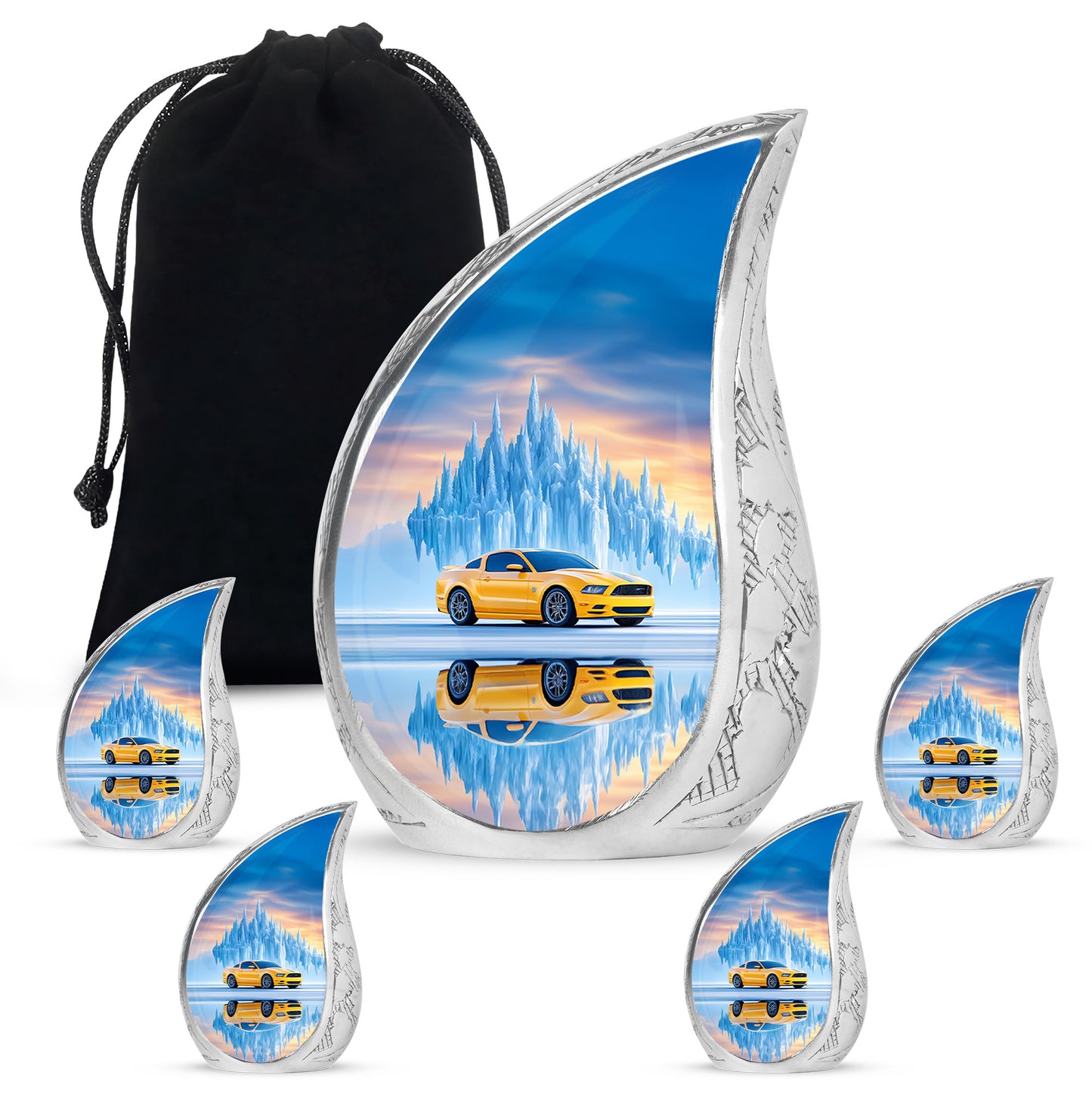 Celestial Blue Car Cremation Urn side profile showing urn shape - rounded teardrop car design with delicate detail - memorial set with one large and four small urns