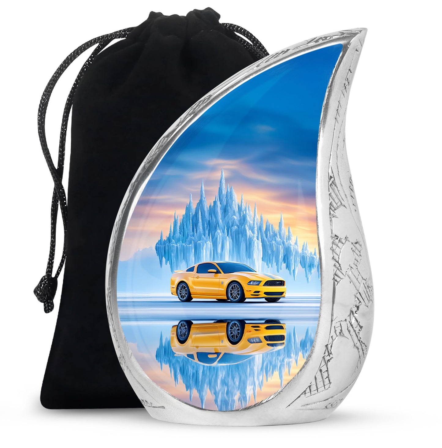 Azure Car Cremation Urn front view showing detailed design - rounded teardrop car design with delicate detail - full-size 10 inch 200 cubic inch adult cremation urn