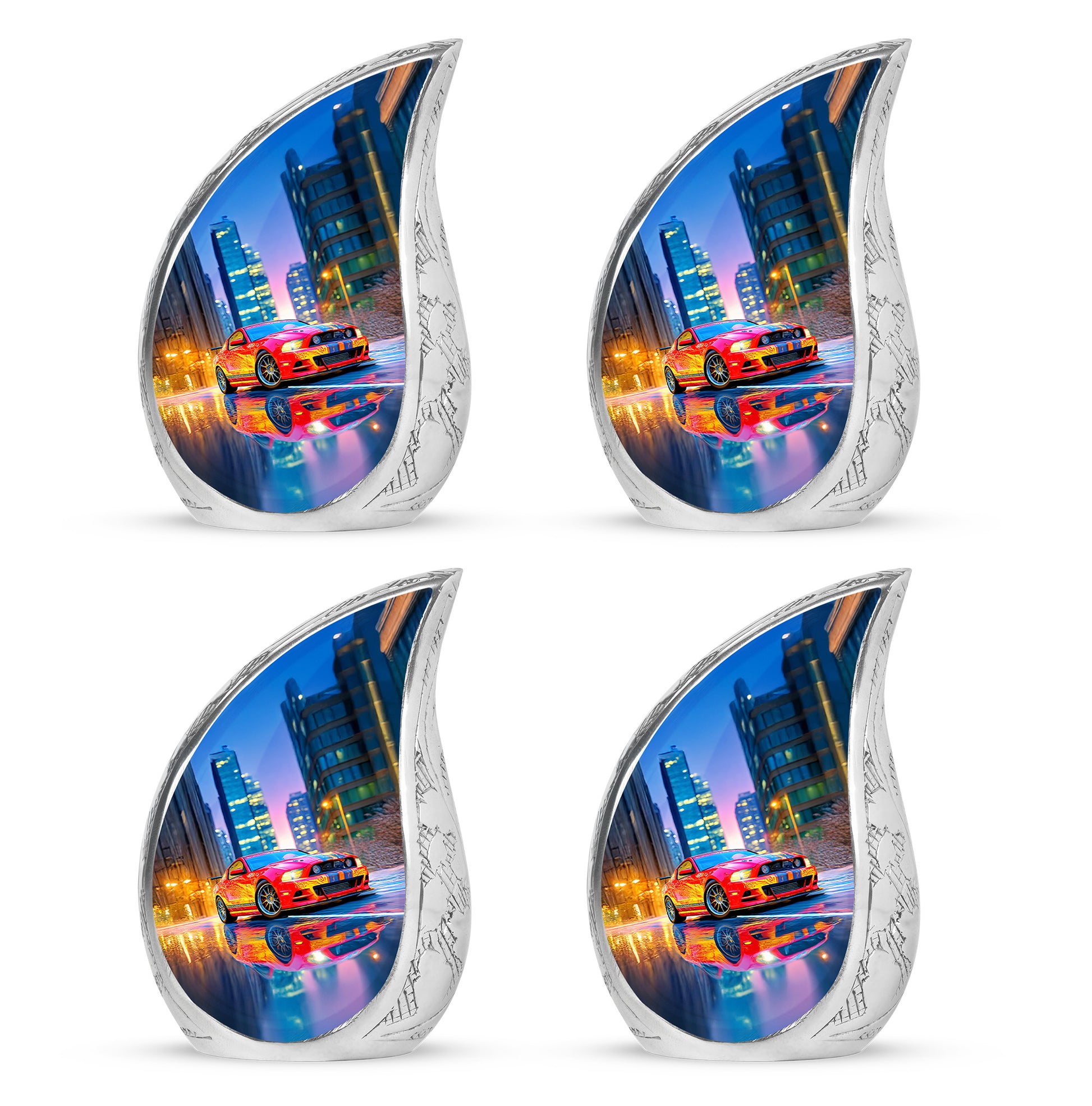 Vivid Blue Car Cremation Urn close-up of engraving and surface detail - graceful tear-shaped urn with car motif - 10 inch aluminum urn for cremated remains