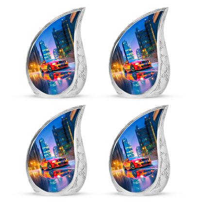 Vivid Blue Car Cremation Urn close-up of engraving and surface detail - graceful tear-shaped urn with car motif - 10 inch aluminum urn for cremated remains
