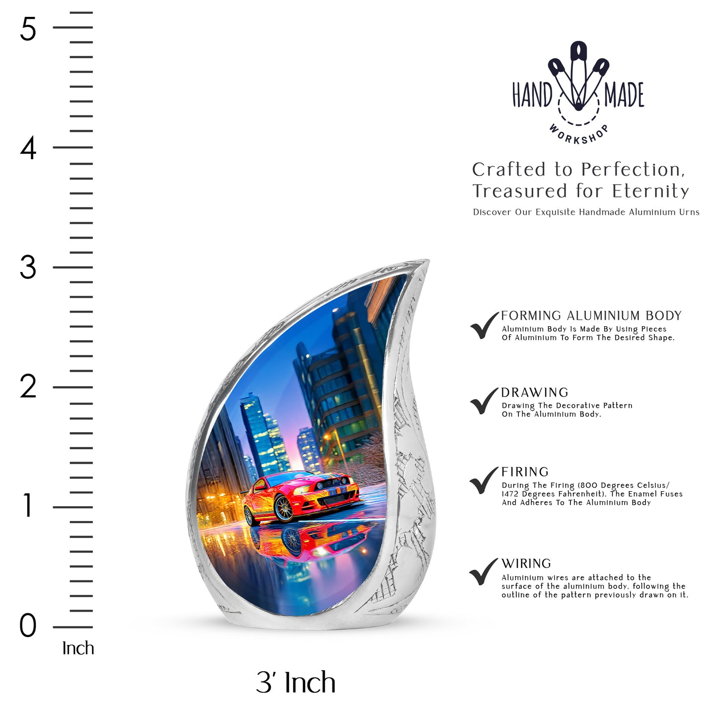 Celestial Blue Car Cremation Urn angled view of lid and engraved motif - rounded teardrop car design with delicate detail - mini keepsake memorial for portion of cremation ashes