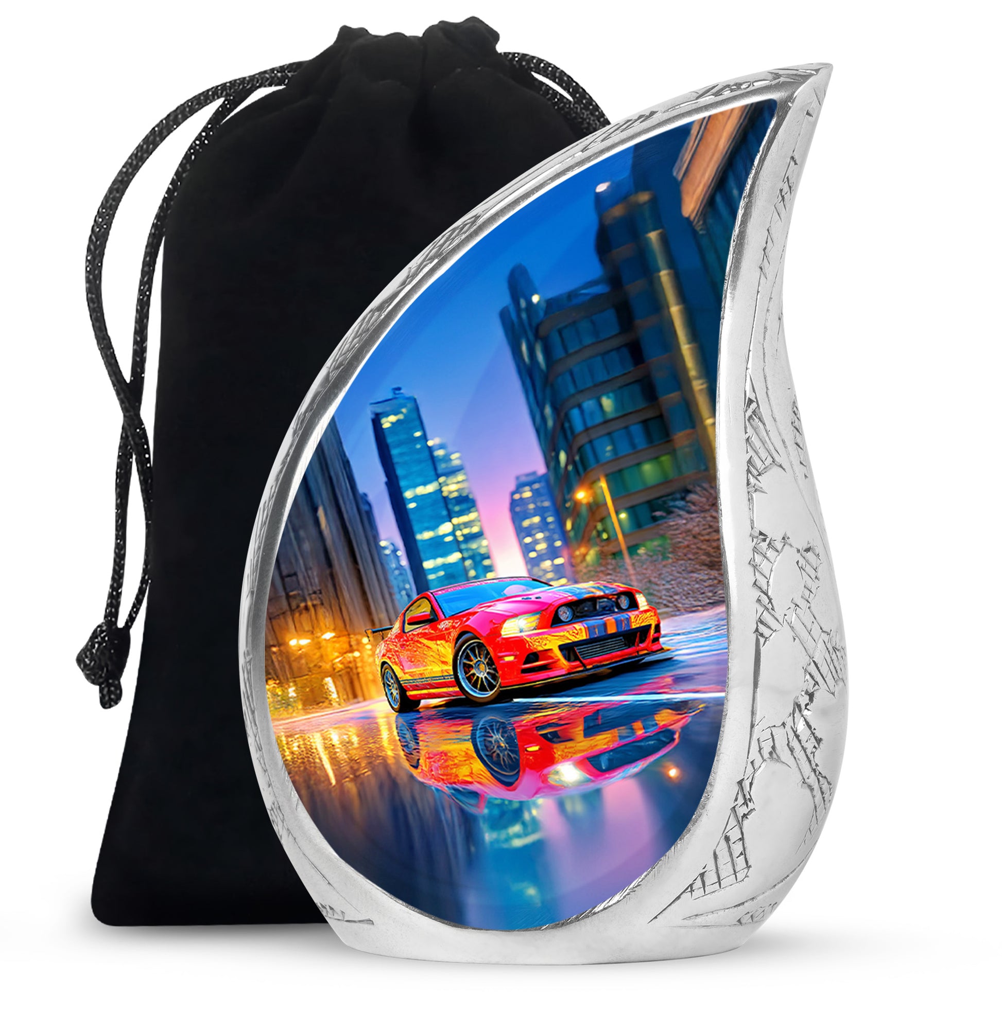 Twilight Blue Car Cremation Urn front view showing detailed design - smooth teardrop contour featuring car art - full-size 10 inch 200 cubic inch adult cremation urn
