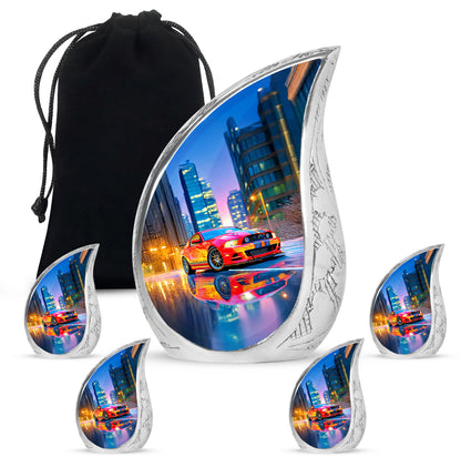 Royal Blue Car Cremation Urn side profile showing urn shape - smooth teardrop contour featuring car art - memorial set with one large and four small urns