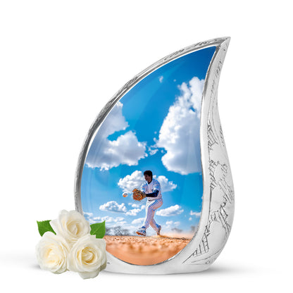 Inspiring Blue Baseball Reflection Urn for Human Ashes - 10-inch, 200 cu in - Yatskia