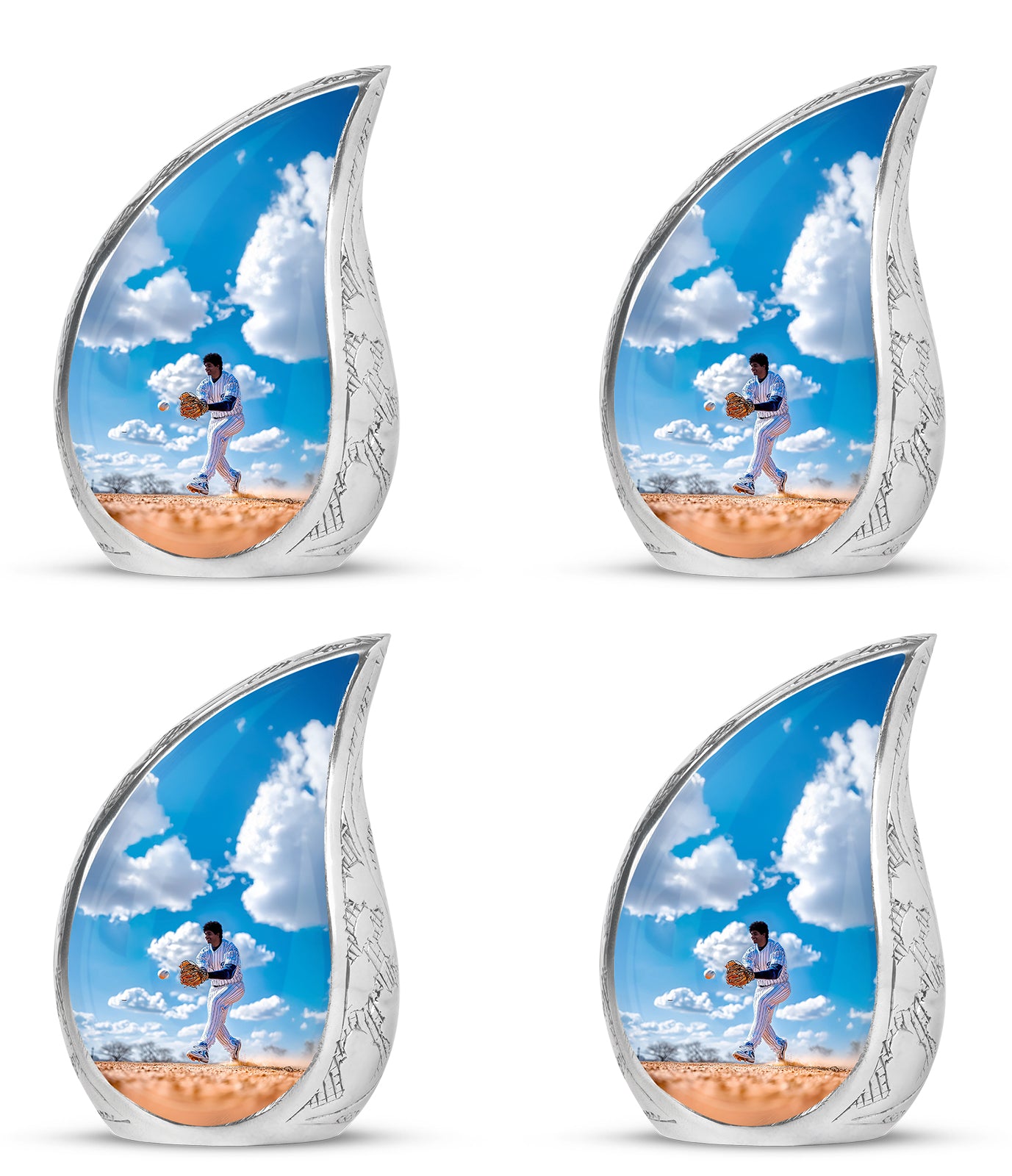 Serene Blue Baseball Cremation Urn close-up of engraving and surface detail - graceful tear-shaped urn with baseball motif - 10 inch aluminum urn for cremated remains