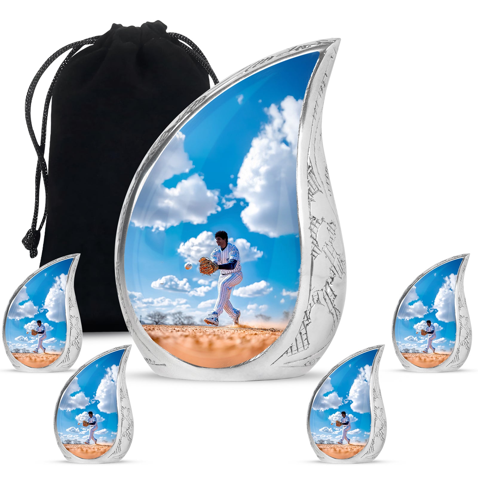 Misty Blue Baseball Cremation Urn side profile showing urn shape - rounded teardrop baseball design with delicate detail - memorial set with one large and four small urns