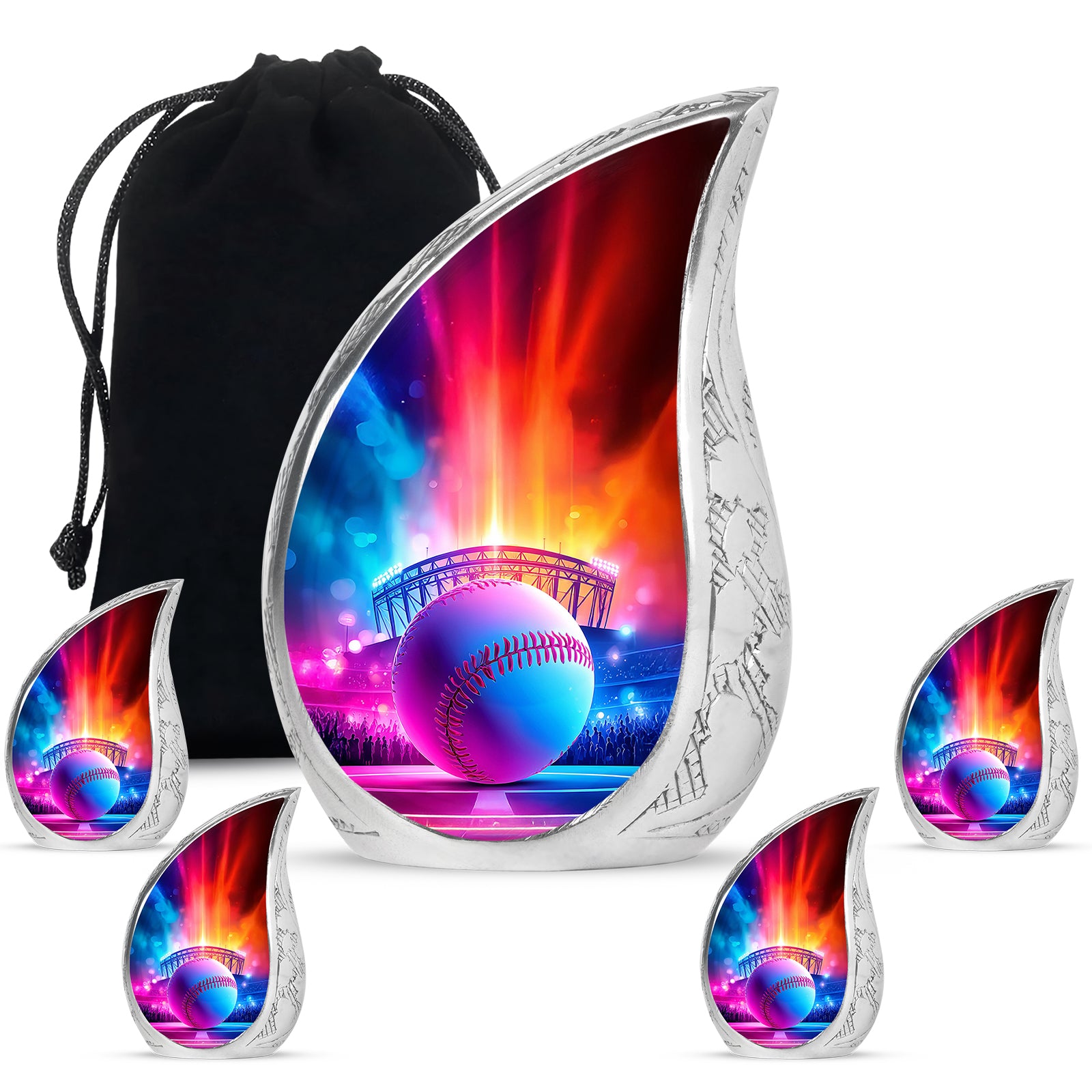 Twilight Blue Baseball Cremation Urn side profile showing urn shape - graceful tear-shaped urn with baseball motif - memorial set with one large and four small urns